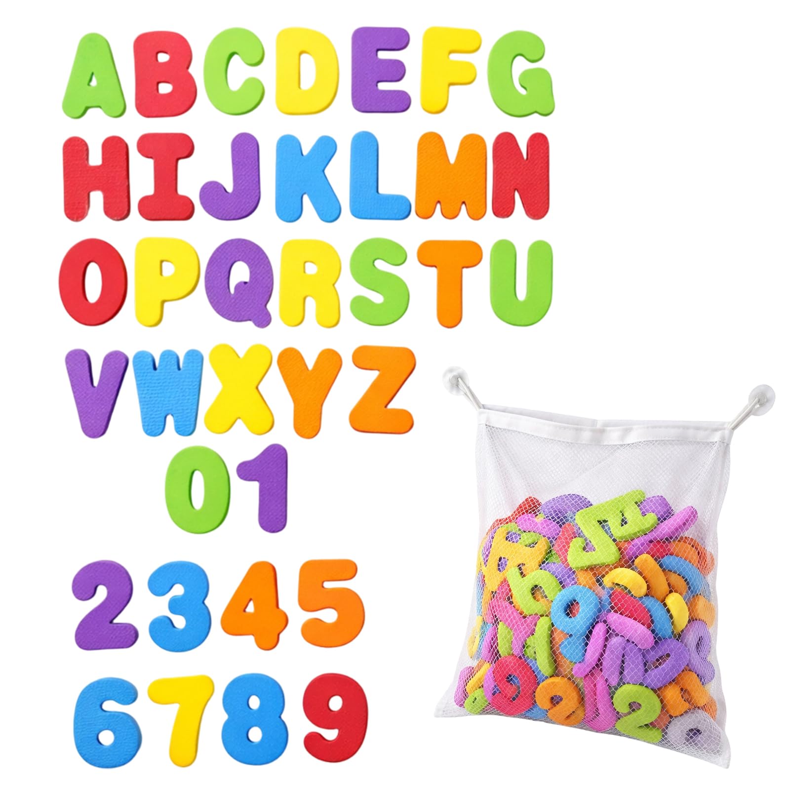 36 PCS Floating Alphabet Set with 34 cm x 45 cm Suction Net Bag,Bath Letters and Numbers, Letters and Foam Bath Toys, Educational Bath Time Learning Activities