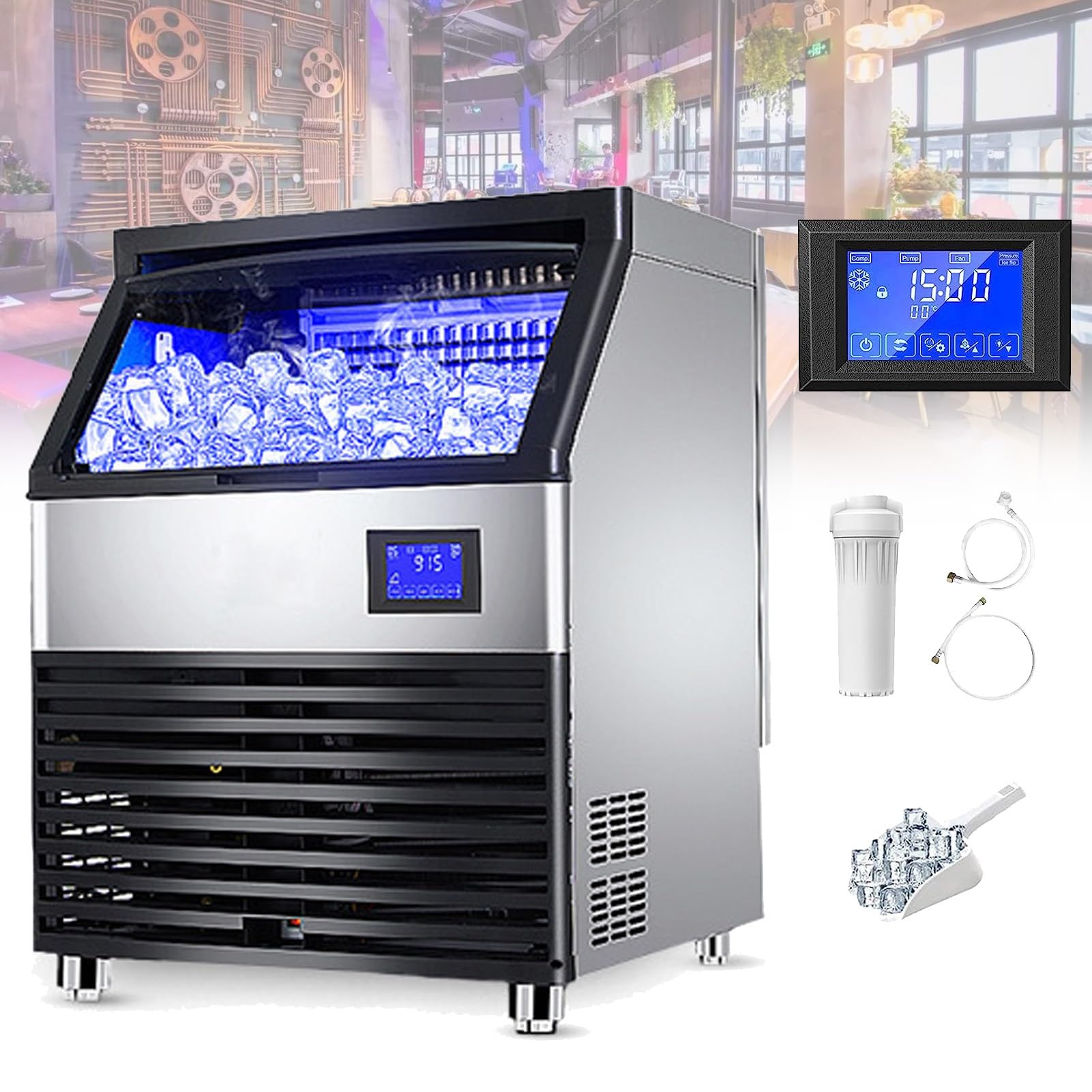 Kommerzielle Eismaschine, 308LBS/24H Unterbau Eismaschine Mit Großer Eiskübel, 126 Eiswürfel/Zyklus, Selbstreinigende, Freistehende Eismaschine Für Bar, Coffeeshop Inklusive Schaufel (Color :
