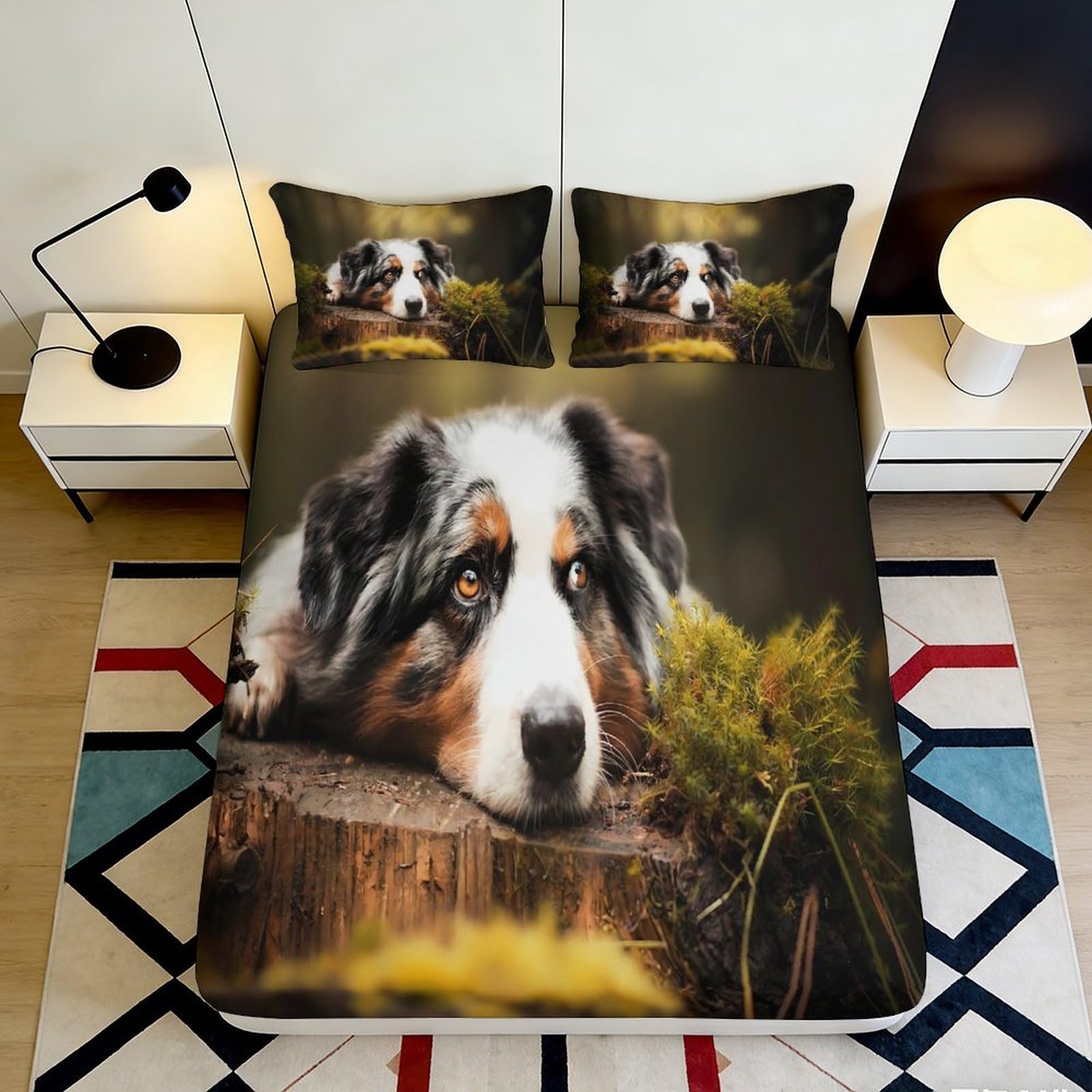 3D Printed Australian Shepherd Fitted Sheet Microfiber Soft Bedroom Decor Dog Pattern Mattress Cover 90x200x25cm