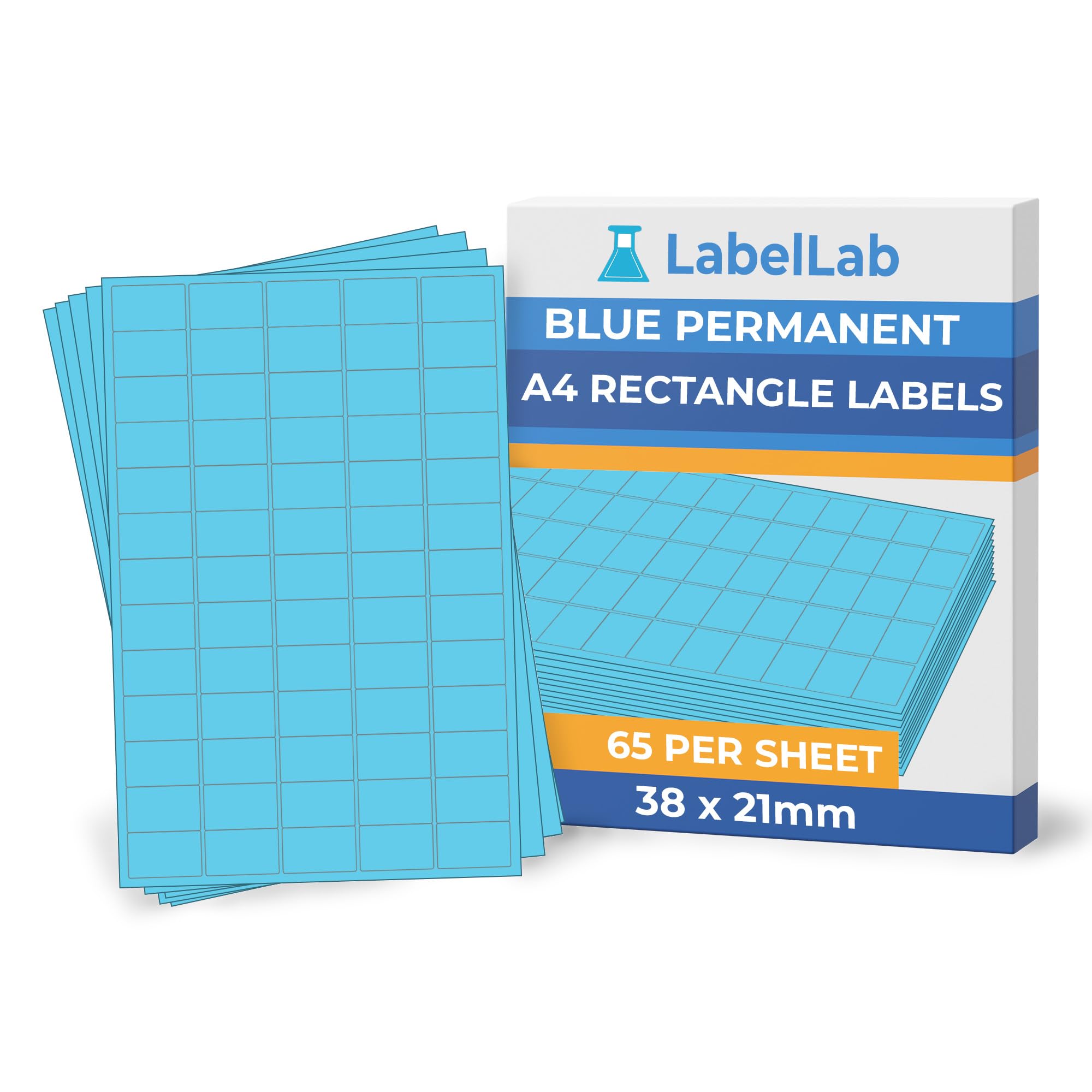 Blue A4 Rectangle Labels – Coloured Printable Sheet Labels for Inkjet & Laser Printers, Permanent Adhesive – 65 Per Sheet (38 × 21 mm), 100 Sheets – LabelLab