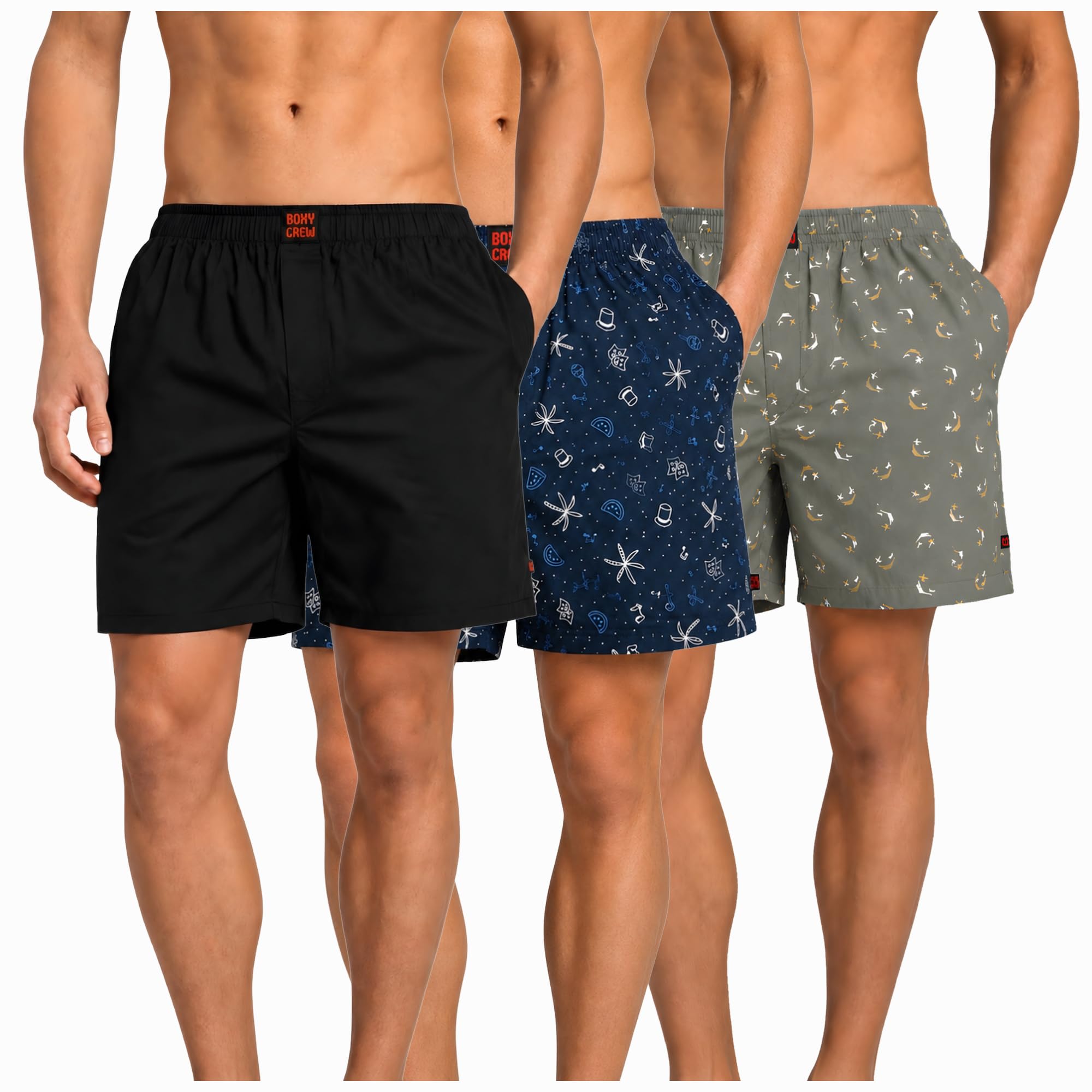 Men's 100% Cotton Boxer Shorts Pack of 3, Black, Navy Blue & Green | Woven Boxers with Side Pockets, No-Marks Elastic Waistband, Breathable Relaxed Fit | Style 001-007-008-picture-39