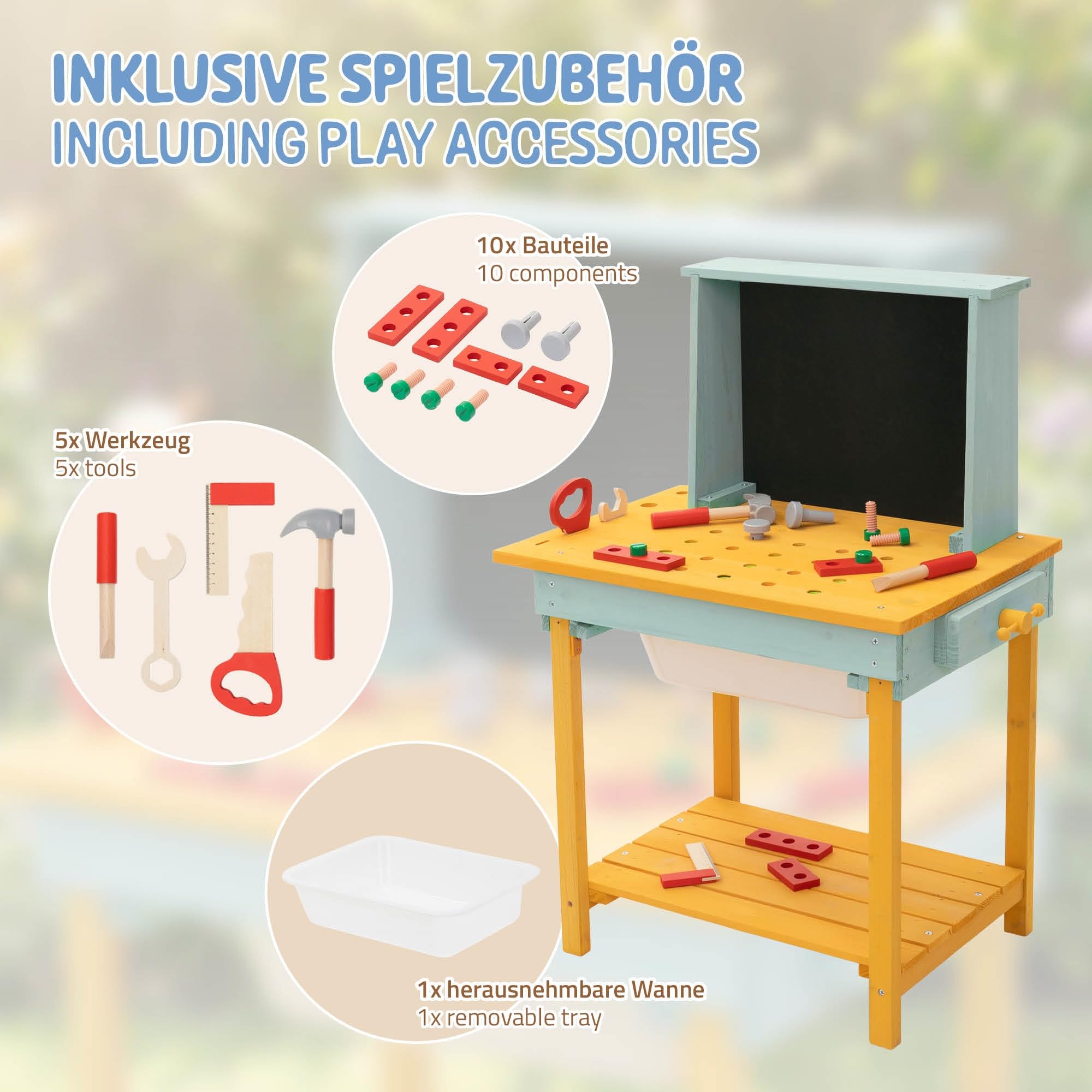 Joyz Warsztat dla Dziecka z Drewna, Drewniany Warsztat z Tablica i Akcesoriami, Stól Majsterkowicza z Litego Drewna Jodlowego, Odporny na Warunki Atmosferyczne do Ogrodu, dla Dzieci od 3 Lat