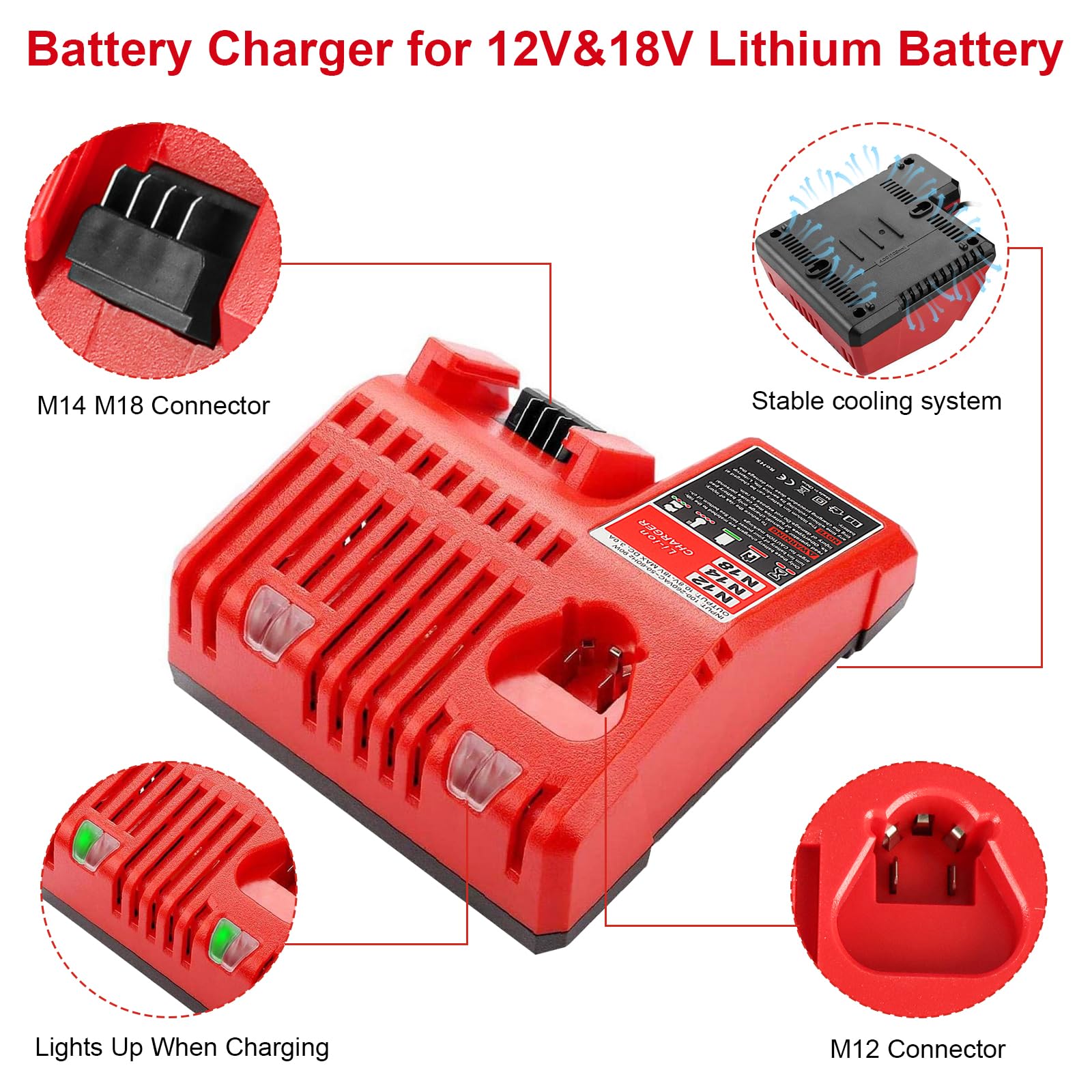 QUPERR Chargeur Rapide 3A M12 & M18, Compatible avec Batteries Li-ION Milwaukee 12V–18V 3Ah 4Ah 5Ah 6Ah, avec indicateur LED et Protection Multiple