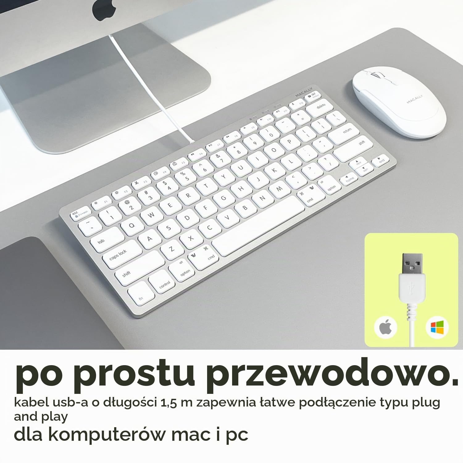Macally SLIMKEYCA, kompaktowa klawiatura USB-A do Mac, układ nasadki klawiszy US QWERTY