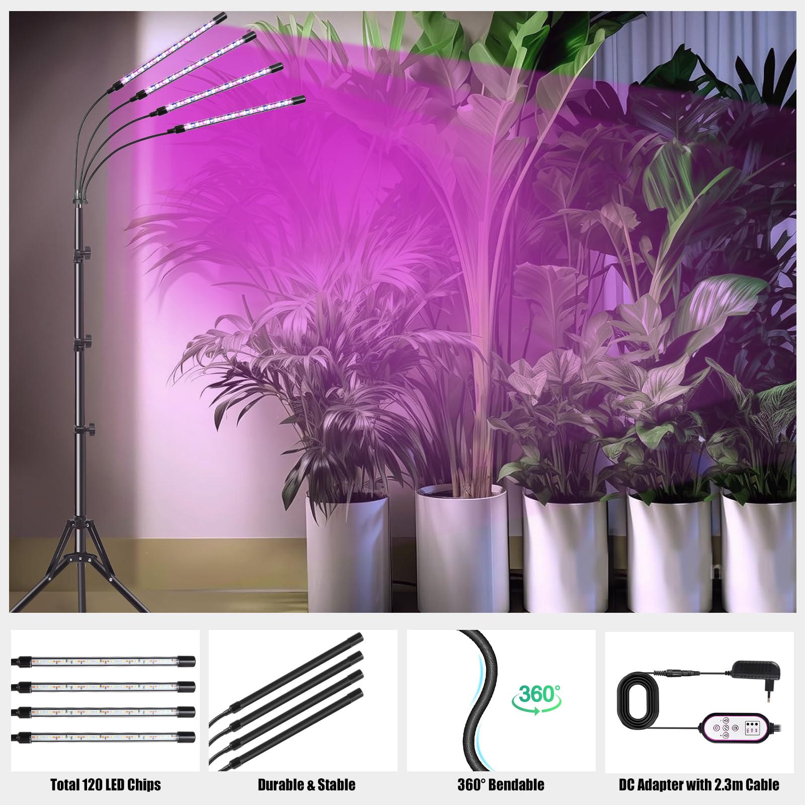 Railee Lampada per Piante da Interno 120 LEDs Luce di Coltivazione a Spettro Completo Lampada da Coltivazione con Treppiede Grow Light per Semina Crescita Fioritura Fruttificazione