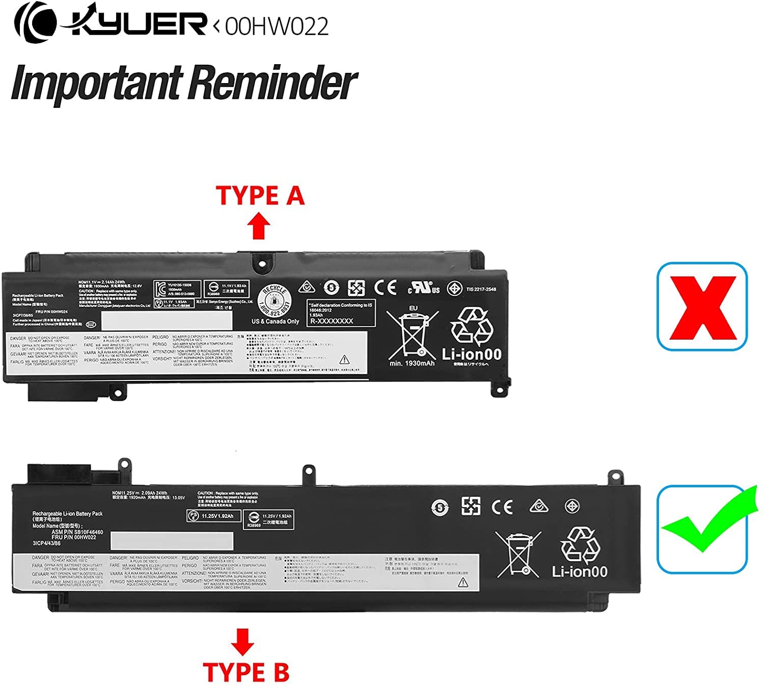 K KYUER 24Wh 00HW022 00HW023 Batterie pour Lenovo ThinkPad T460S T470S 20FA 20F9 20HF 20HG 20JT 20F9003SGE 20FA003GGE 20F90042GE 20FA0046PB 20HGS00V00 20HF004UGE 00HW036 SB10F46460 SB10F46461 Battery