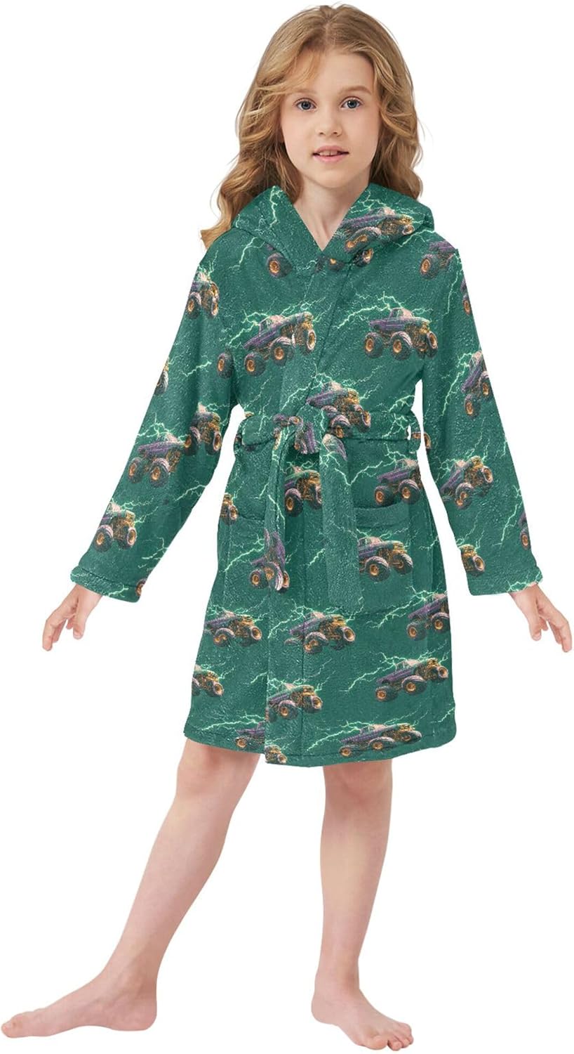 Lightning Monster Truck Bathrobe Hooded PJ Robe Plush Fleece Robe Pajama Sleepwear 2-12 Years