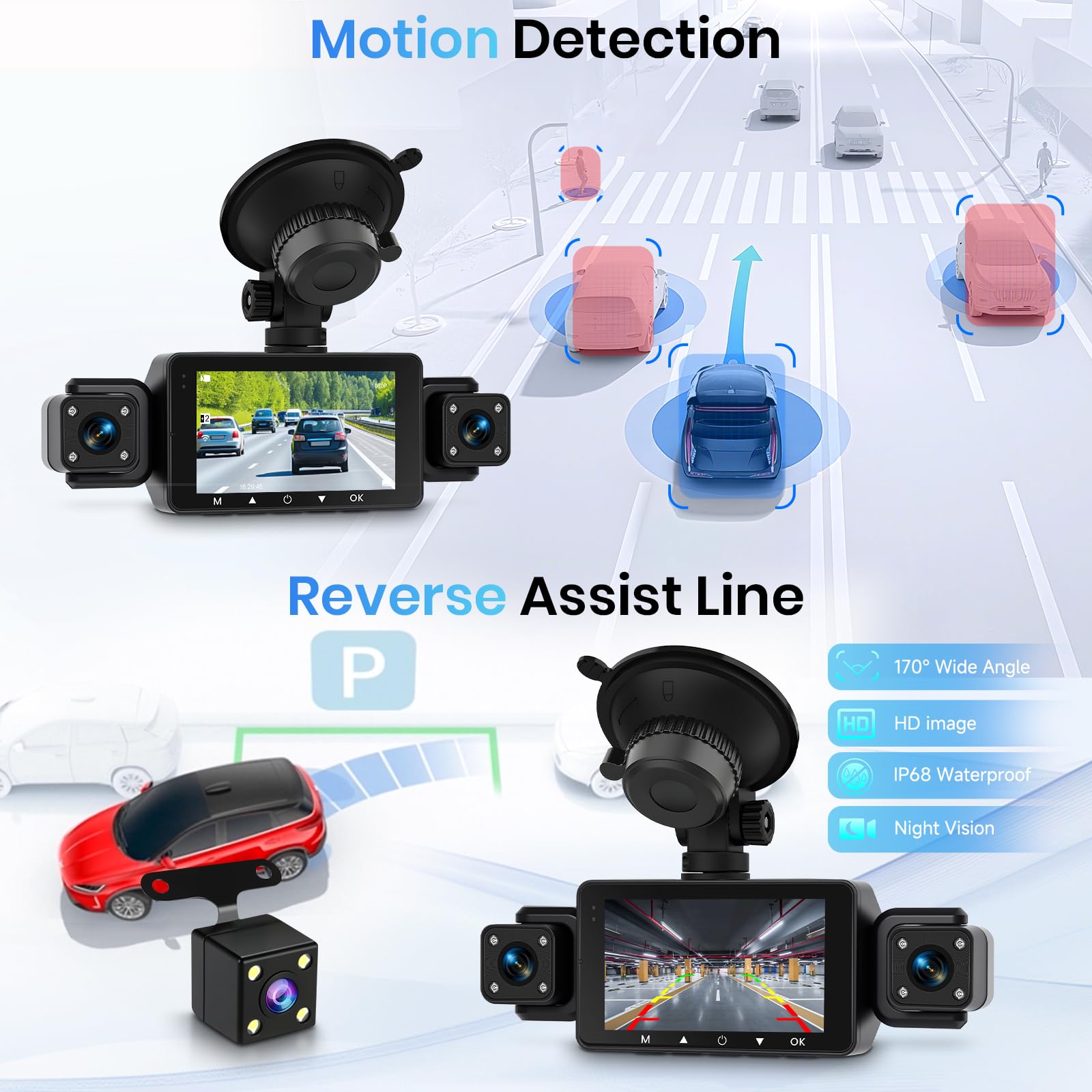 Hodozzy 1080P Dashcam Auto 360°, 4 Telecamere Anteriori e Posteriori, Visione Notturna IR, Schermo Tattile IPS 3", Registrazione in Ciclo, Sensore G, Visione Notturna, Assistenza alla Retromarcia
