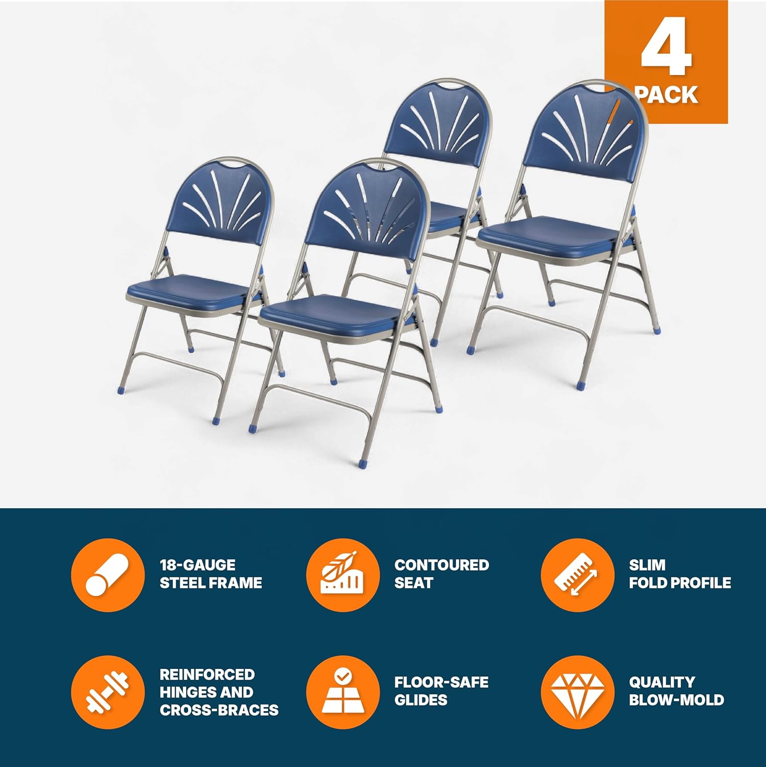 OEF Furnishings OEF1100 Series Premium Heavy-Duty Plastic Folding Chairs, Commercial Fanback Event Chairs with Triple Brace and 500 lb Capacity (4-Pack, Blue Plastic with Gray Frame)