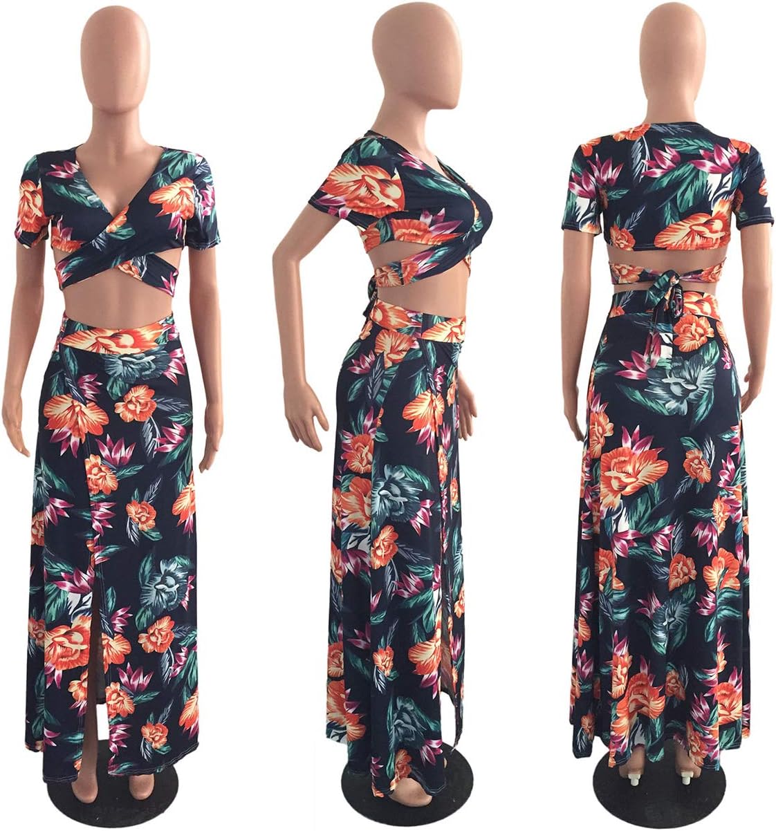 WOKANSE Women's Sexy 2 Piece Outfits Summer Beach Boho Floral Dress V Neck Crop Tops and High Split Maxi Skirt Sets - Image 5