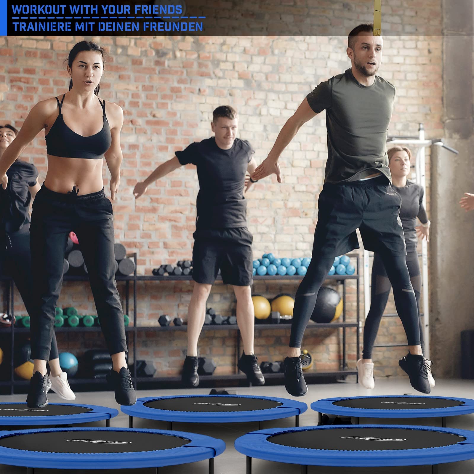 Physionics® Mini Trampolina Fitness - Średnica wyboru (Ø 81/91/96/102/114/122 cm), antypoślizgowe stopy, do użytku wewnątrz/na zewnątrz - trampolina gimnastyczna, trening, skok (114 cm)