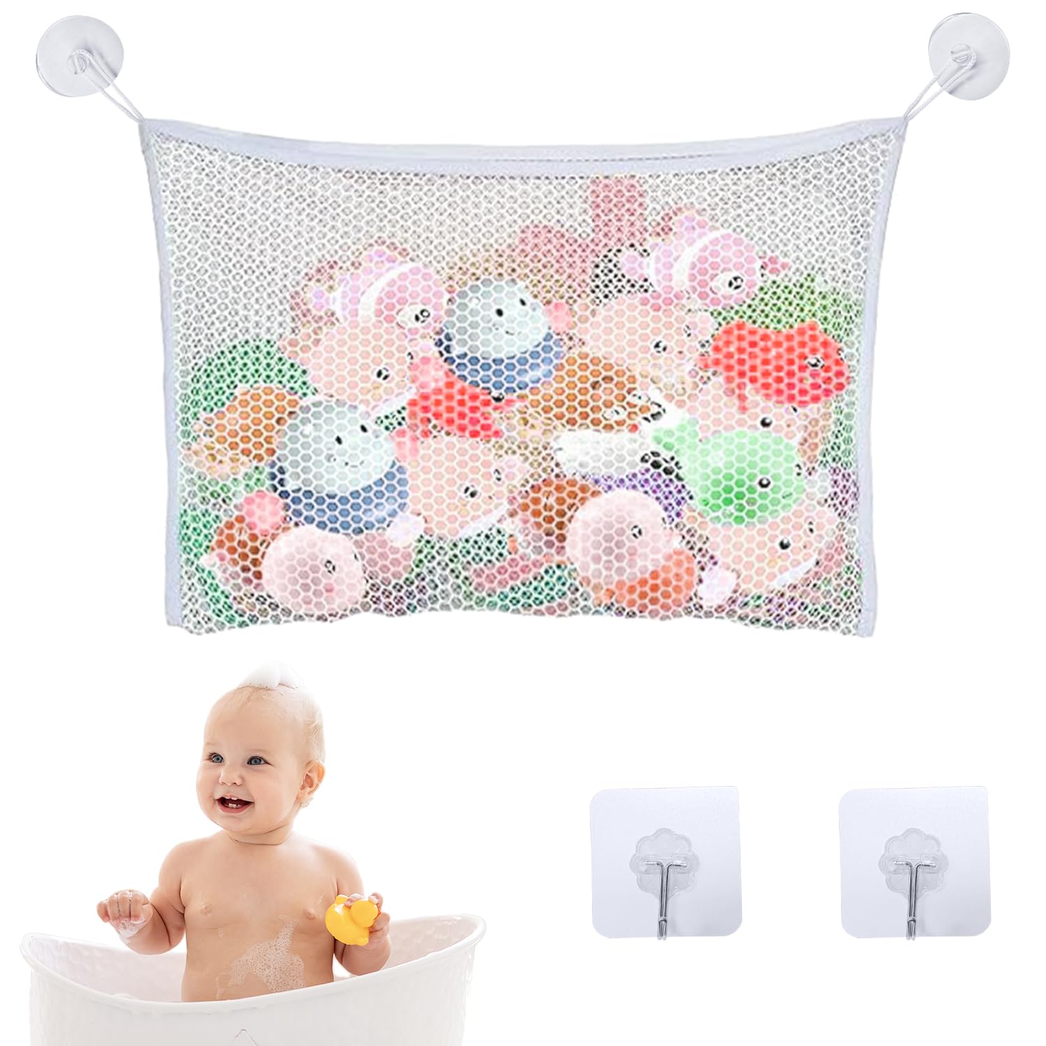 Red de Almacenamiento para Juguetes de Baño (35x45cm) con Ventosas y Ganchos Adhesivos, Organizador Juguetes Niños, Bolsa de Malla para Baño y Bebés