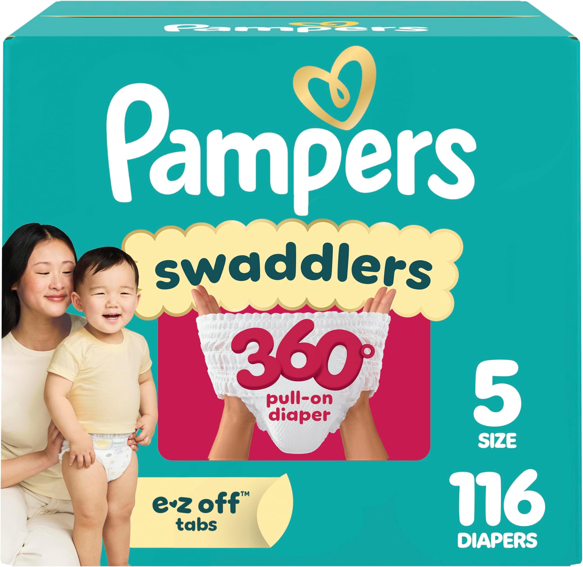 Diapers - Swaddlers 360° - Size 5, 116 Count, up to 100% Leakproof Comfy Dry Fit, Designed for Easy Changes, Pull On Baby Diaper (Packaging May Vary)