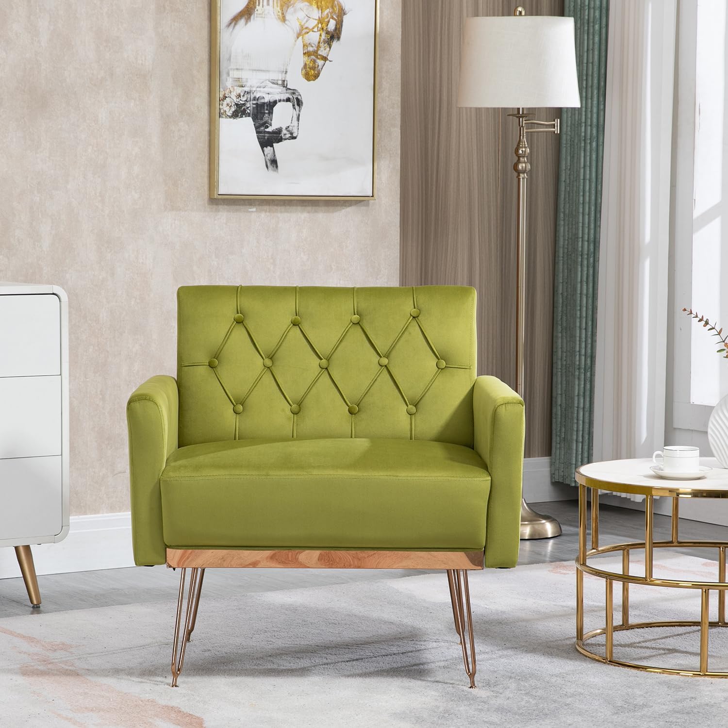 Velvet Tufted Accent Chair Comfort Living Room Lounge Armchair, Upholstered Sofa Chair with Rose Gold Metal Trim, Square Bedroom Chair Perfect for Relaxing for Bedroom Office Decorative