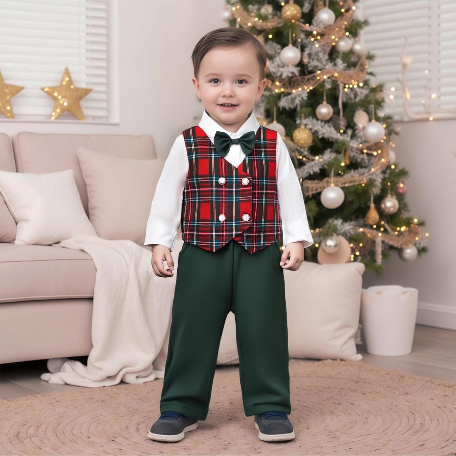 Toddler Boy Suit Christmas Gentleman Outfit Bow Tie Plaid Vest Button Down Shirt Elastic Pants Xmas Formal Outfits - Image 2