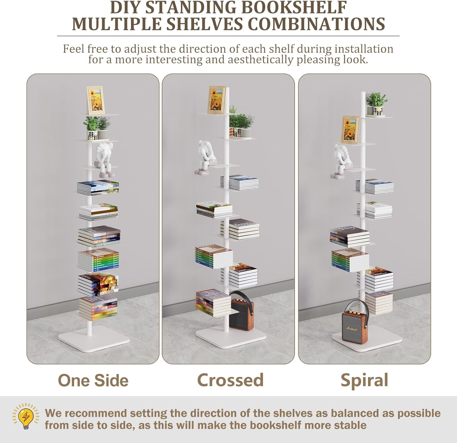 Nynelly 9-Tier Metal Spine Bookshelf - Heavy Duty Vertical Book Tower, White Open Bookcase, Floor Standing Tall Narrow Book Shelf for Small Space Living Room Office Decor, Industrial Book Organizer