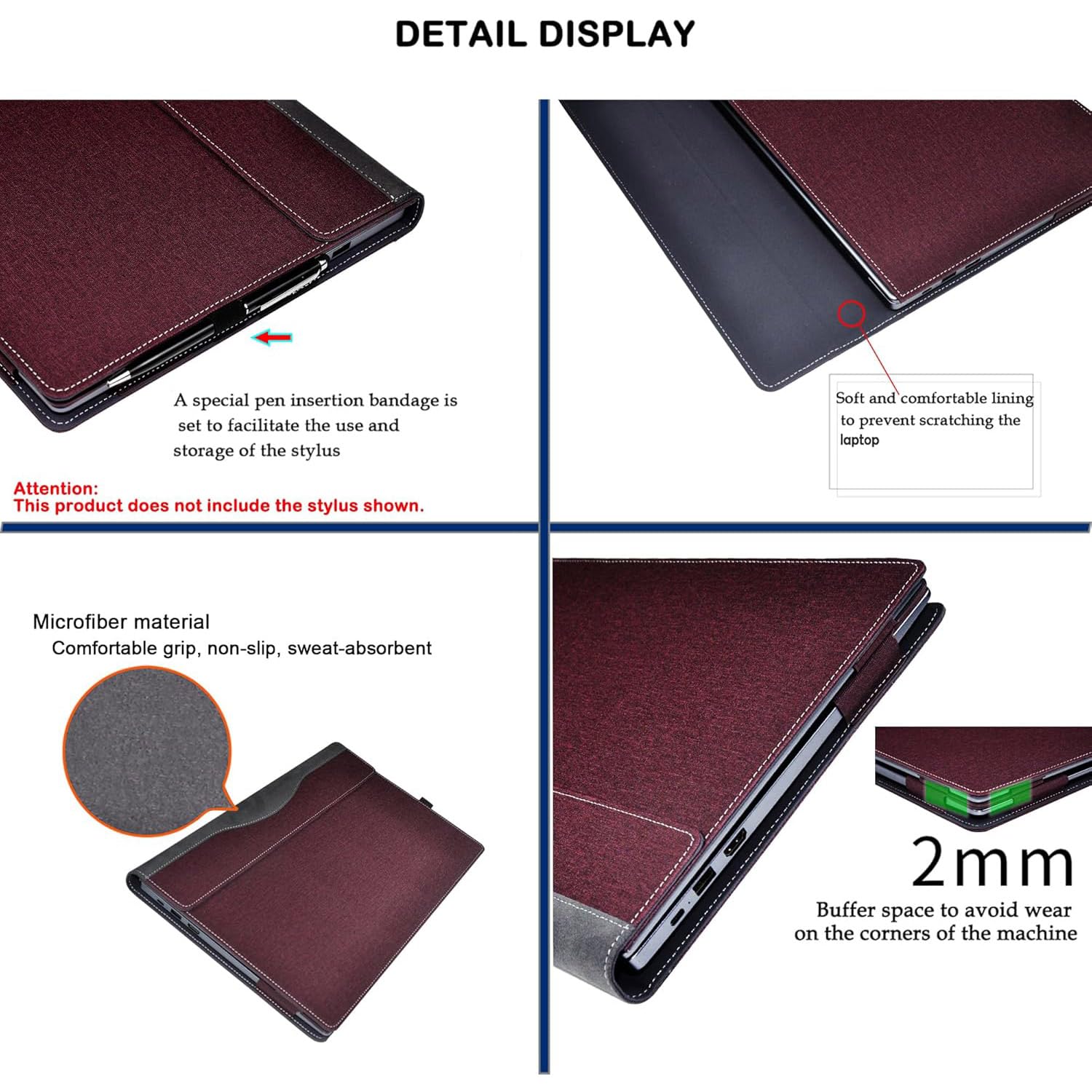 Custodia protettiva per laptop da 14" MSI Modern 14 C13M C12M C11M C7M C5M, in materiale PU, separabile, custodia protettiva per notebook e PC (rosso vinaccio)