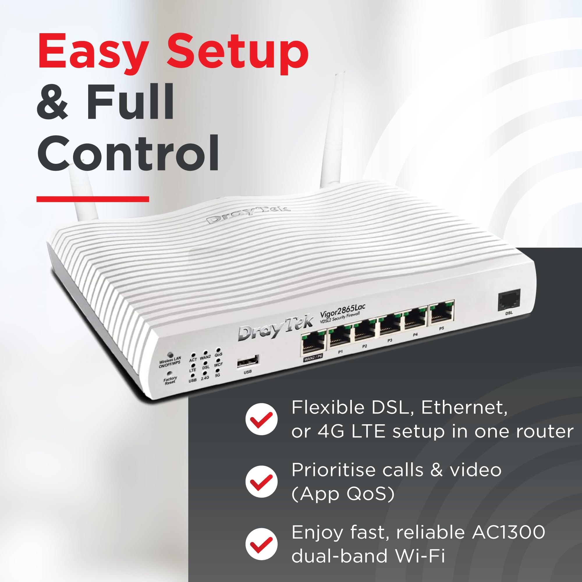 DrayTek Vigor 2865Lac Routeur Ethernet 4G, VDSL/ADSL, 5+1 GbE LAN ports avec VLAN, VPN double bande, maille, modem Dual-SIM 4G+ LTE, SMB