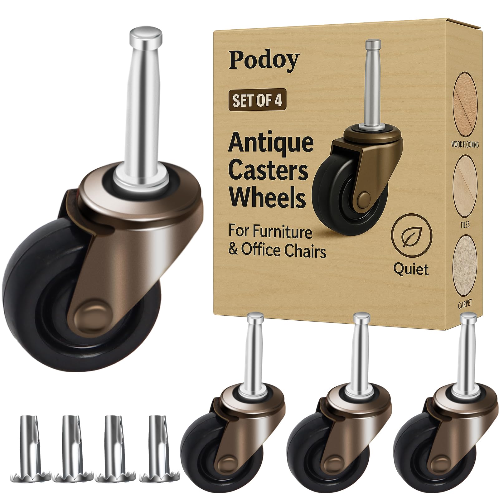 PodoyAntique Casters Wheels 1-5/8" with Stem Socket Replacement for Furniture Chairs Small Sofa Office Decorative Casters (1.4" Stem and 0.75" Dia Sockets) for Hardwood Floor Set of 4