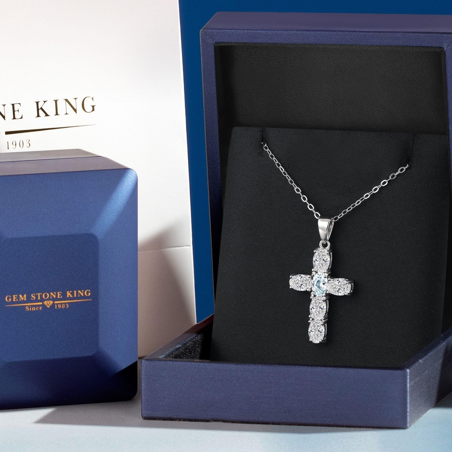 Gem Stone King 925 Sterling Silver Lab Grown Diamond and Sky Blue Aquamarine Cross Pendant Necklace for Women | 2.50 Cttw | Gemstone April Birthstone | Oval 6X4MM | With 18 Inch Chain - Image 5