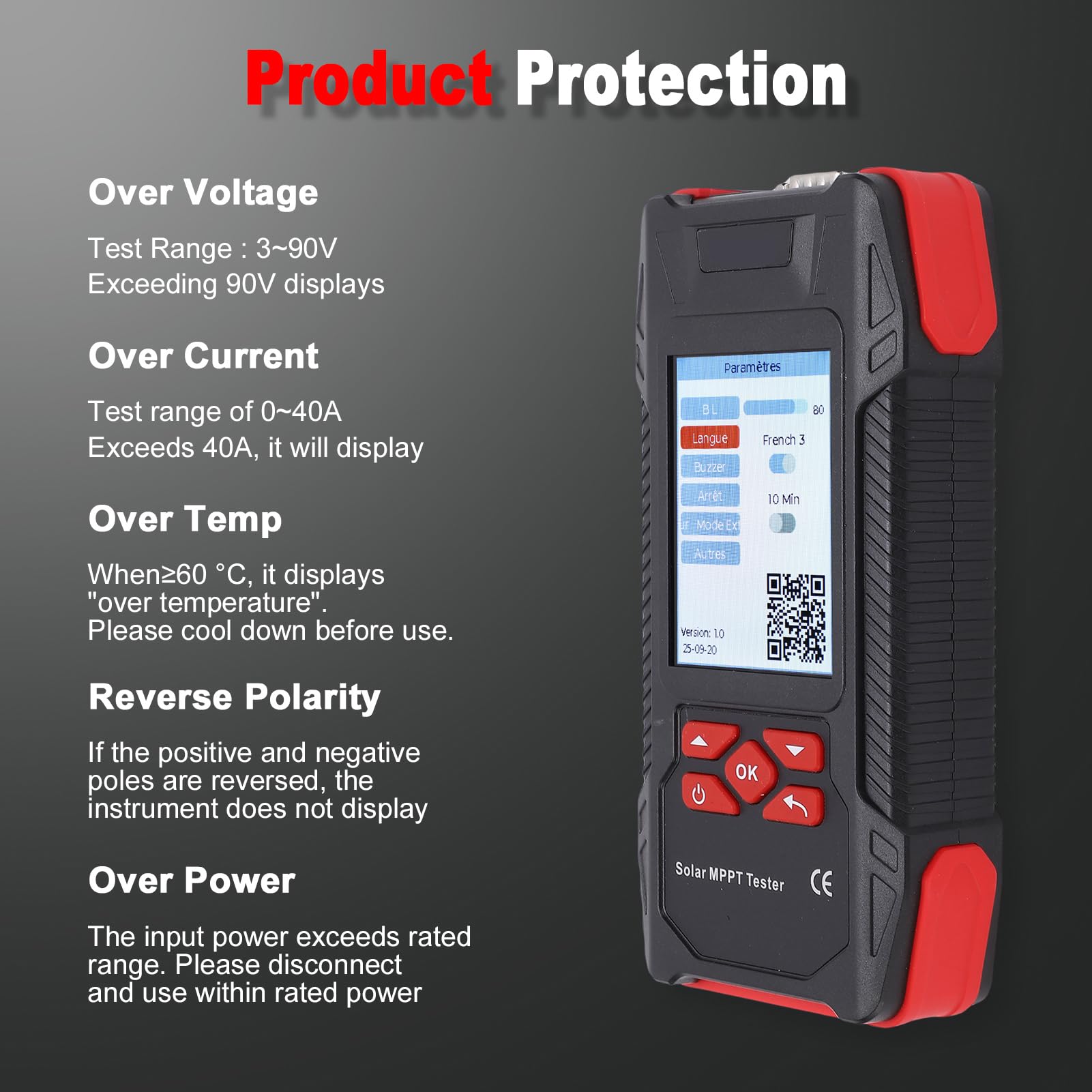 Weytoll Probador solar MPPT, pantalla de 3,2 pulgadas, voltaje 3-90 V, corriente 0-40 A, potencia 0-2000 W, analizador MPPT portátil con apagado automático para paneles solares
