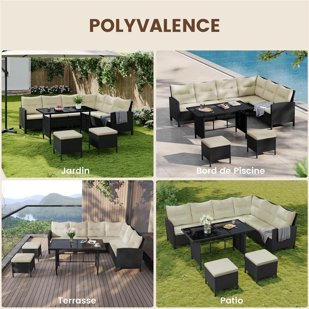 Yaheetech Ensemble Salon de Jardin en polyrotin Lot de Mobilier 4 Pièces Canapés Extérieur avec Table et Ottomans Meubles pour Balcon Terrasse Véranda Salon Noir/Beige