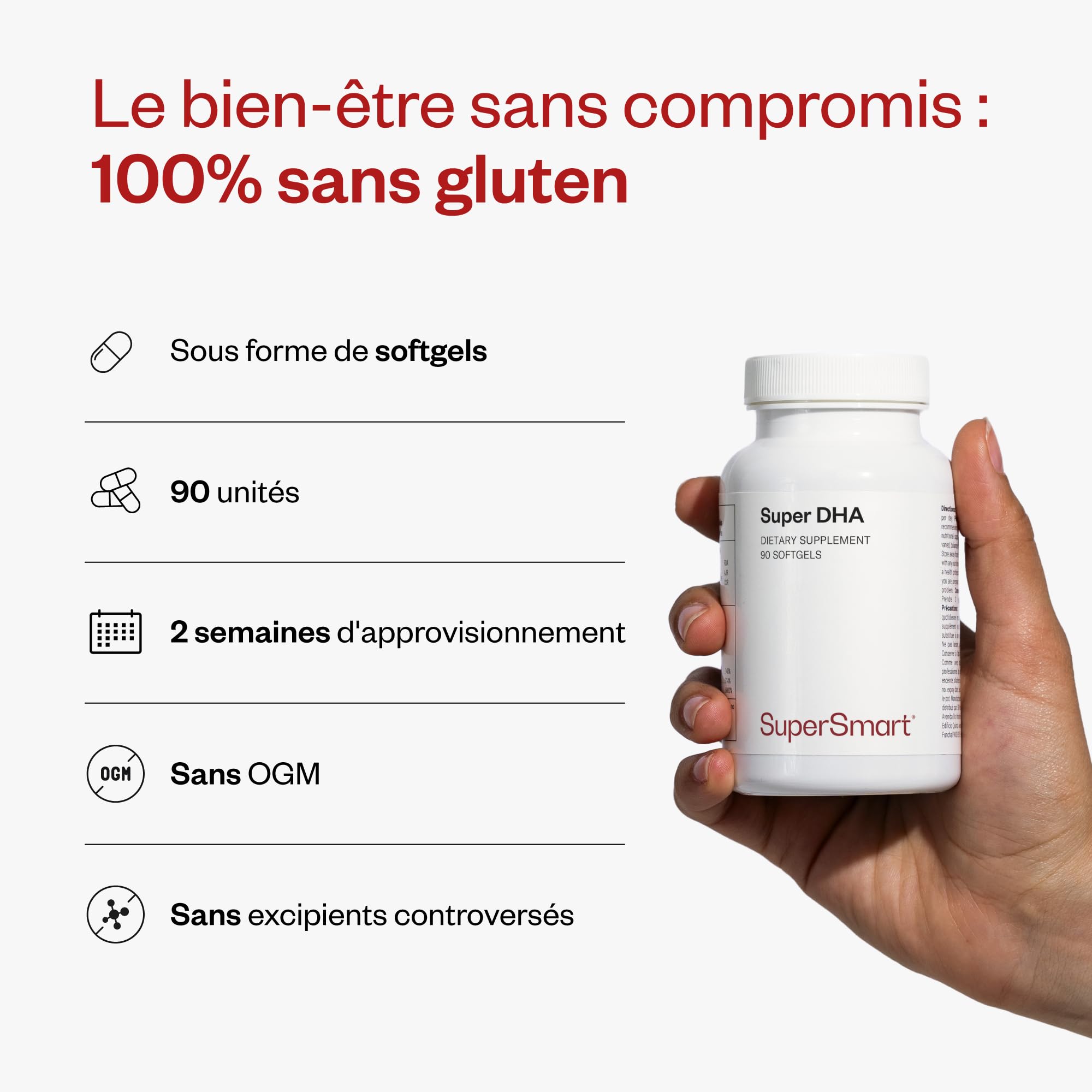 Super DHA - Cœur et Cerveau - Acide Docosahexaénoïque - SuperSmart | Acide Eïcosapentaénoïque - Formule Naturelle d’Oméga-3 - Pêche Durable - Sans OGM