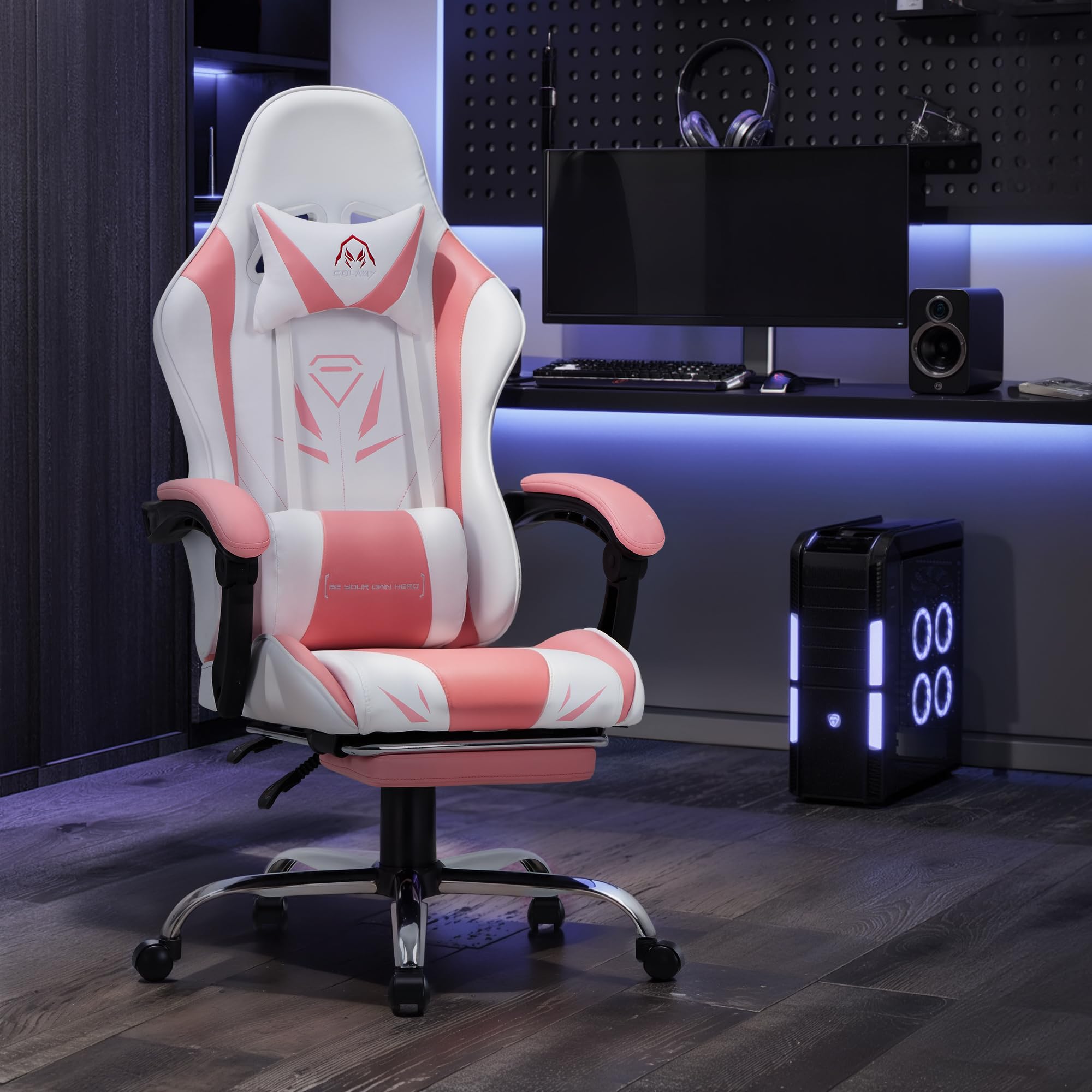 COLAMY Chaise Gamer, Chaise d'ordinateur avec Repose-Pieds et Soutien Lombaire, Chaise de Gaming réglable en Hauteur avec Assise pivotante à 360° et Appui-tête, Chaise PC pour Joueur, Rose