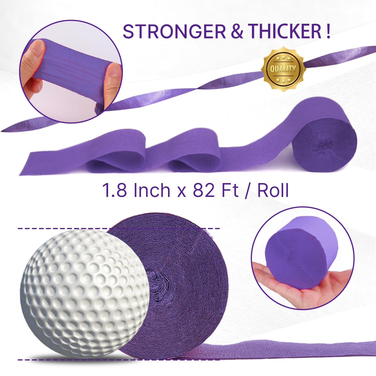PartyWoo Lot de 6 rouleaux de papier crépon argenté métallisé, violet clair, lilas, violet lavande, blanc pour décorations d'anniversaire, décorations de fête prénatale (4,6 cm x 2,9 m)