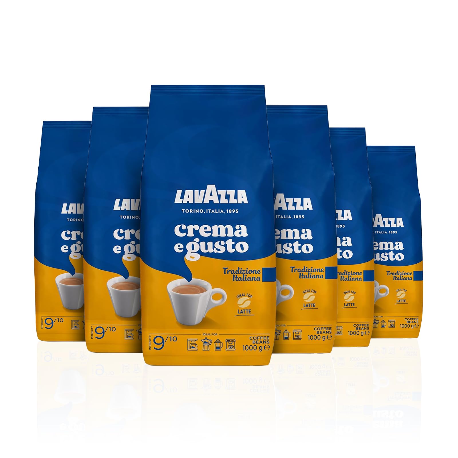 Lavazza, Crema e Gusto Tradizione Italiana, całe ziarna kawy, idealne do latte i cappuccino, Arabica i Robuststa, intensywność 9/10, ciemne palenie, 1 kg (opakowanie zawiera 6 sztuk)