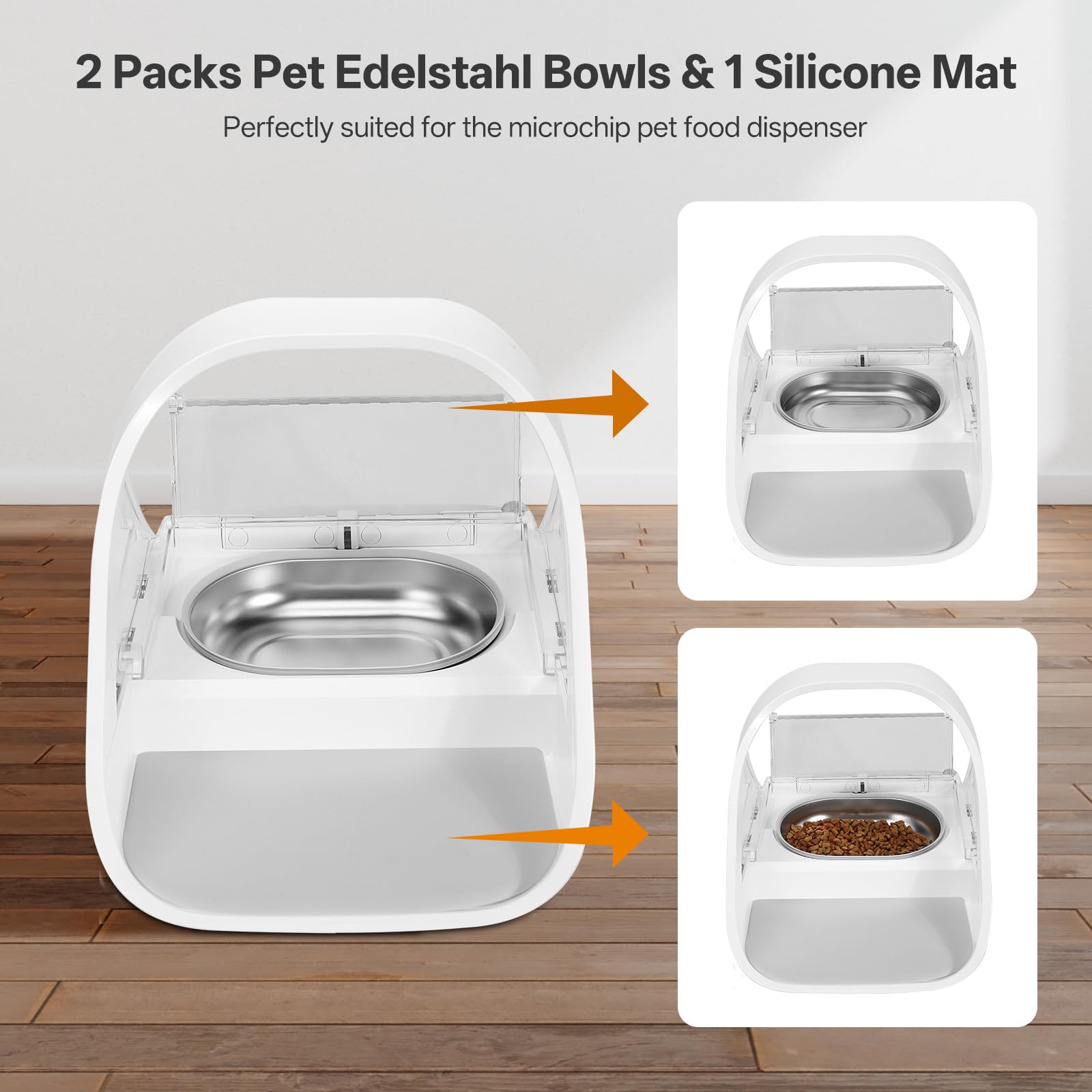 Ciotola in acciaio inox per mangiatoia automatica con microchip per gatti e animali domestici, design con anello di tenuta per mantenere il cibo fresco e ridurre gli odori, 2 pezzi + 1 tappetino