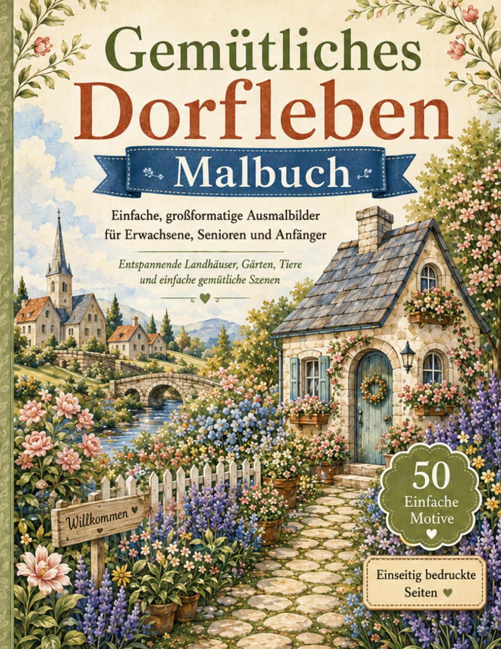 Gemütliches Dorfleben Malbuch: Einfache, großformatige Ausmalbilder für Erwachsene, Senioren und Anfänger mit entspannenden Landhäusern, Gärten, Tieren und gemütlichen Szenen