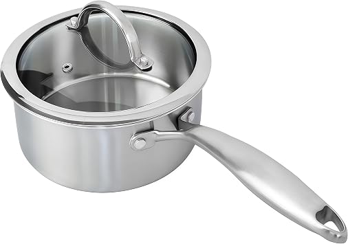 Stainless Steel Small Brushed Saucepan With Lid, Induction Cooking Sauce Pot Pans, 18/10Tri-Ply Heavy Bottom Saucier Cookware, Dishwasher Safe & Oven Safe 2.5QT