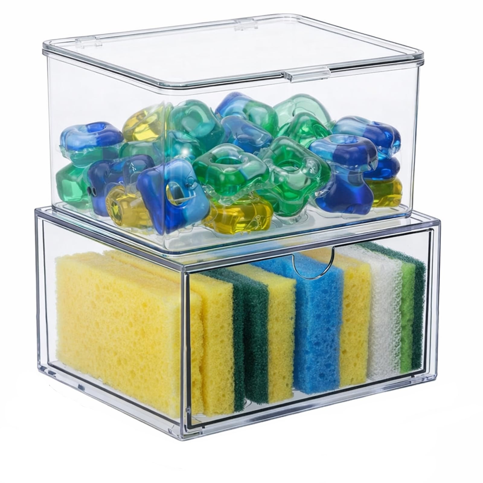 Punorric Clear Set of Dishwasher Tablet & Sponge Storage, Stackable Dishwasher Pods Drawer Organiser with Drawer or Lid for Laundry Pods, Washing Machine Cleaning Tablets and Coffee Pod