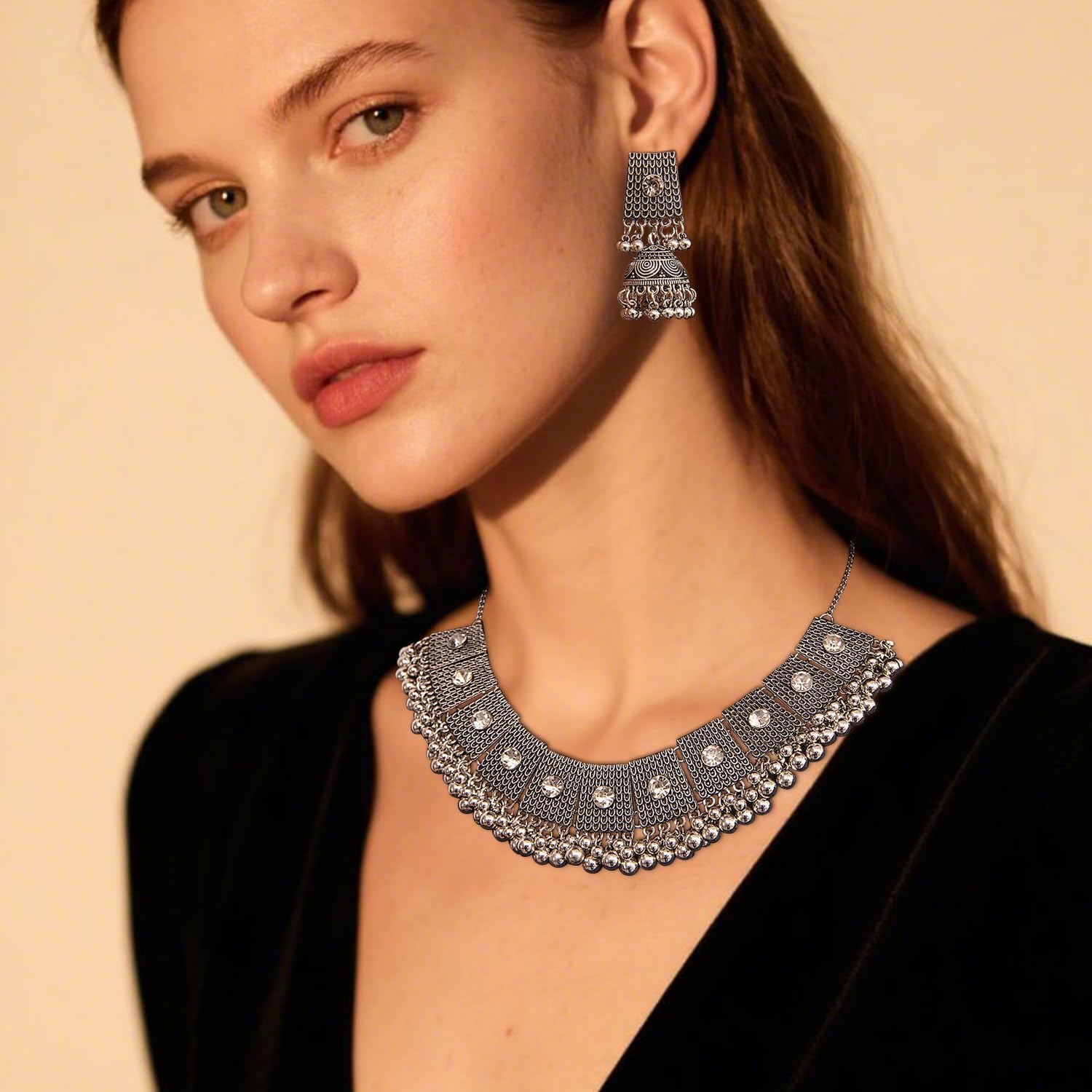 Ethnic Bell Beaded Necklace Bell Charm Earrings Vintage Tribal Necklace Chunky Necklace for Women Statement Jewelry Set - Image 2