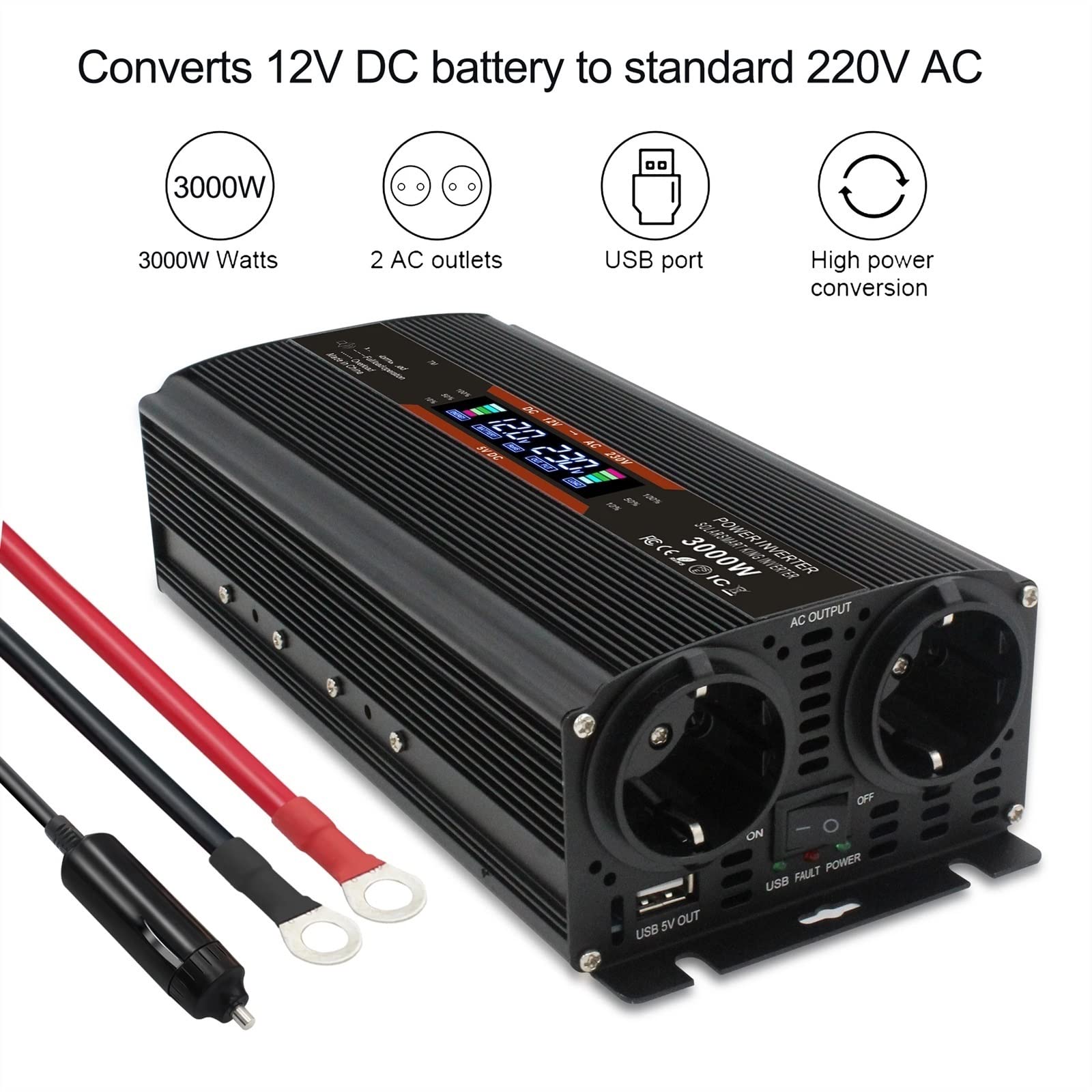 Inverter a onda sinusoidale pura LCD 3000W Car Inverter DC 12V/24V a AC 220 230 Display di tensione Convertitore di energia solare Doppio fusibile sostituibile(12V Black)