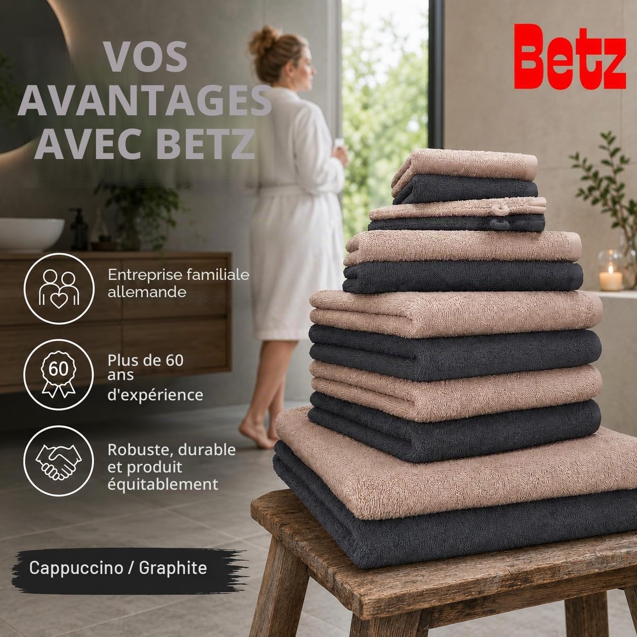 Betz Lot de 12 Serviettes Berlin 100% Coton 2 draps de Bain 4 Serviettes de Toilette 2 Serviettes d'invité 2 lavettes et 2 Gants Couleur Cappuccino - Graphite