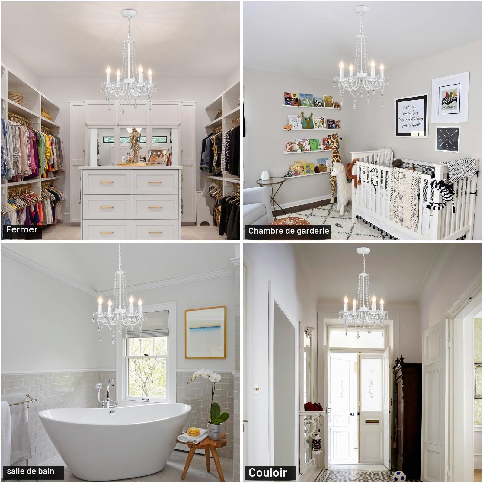 Lustre Cristal Suspension Luminaire, 4 Lumières Lustre Blanc
