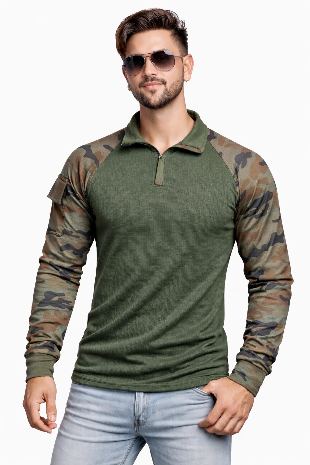 Men's Full Sleeve Polo T-Shirt, Olive Green with Camouflage Raglan Sleeves, Zip Collar, Casual Style-image-48