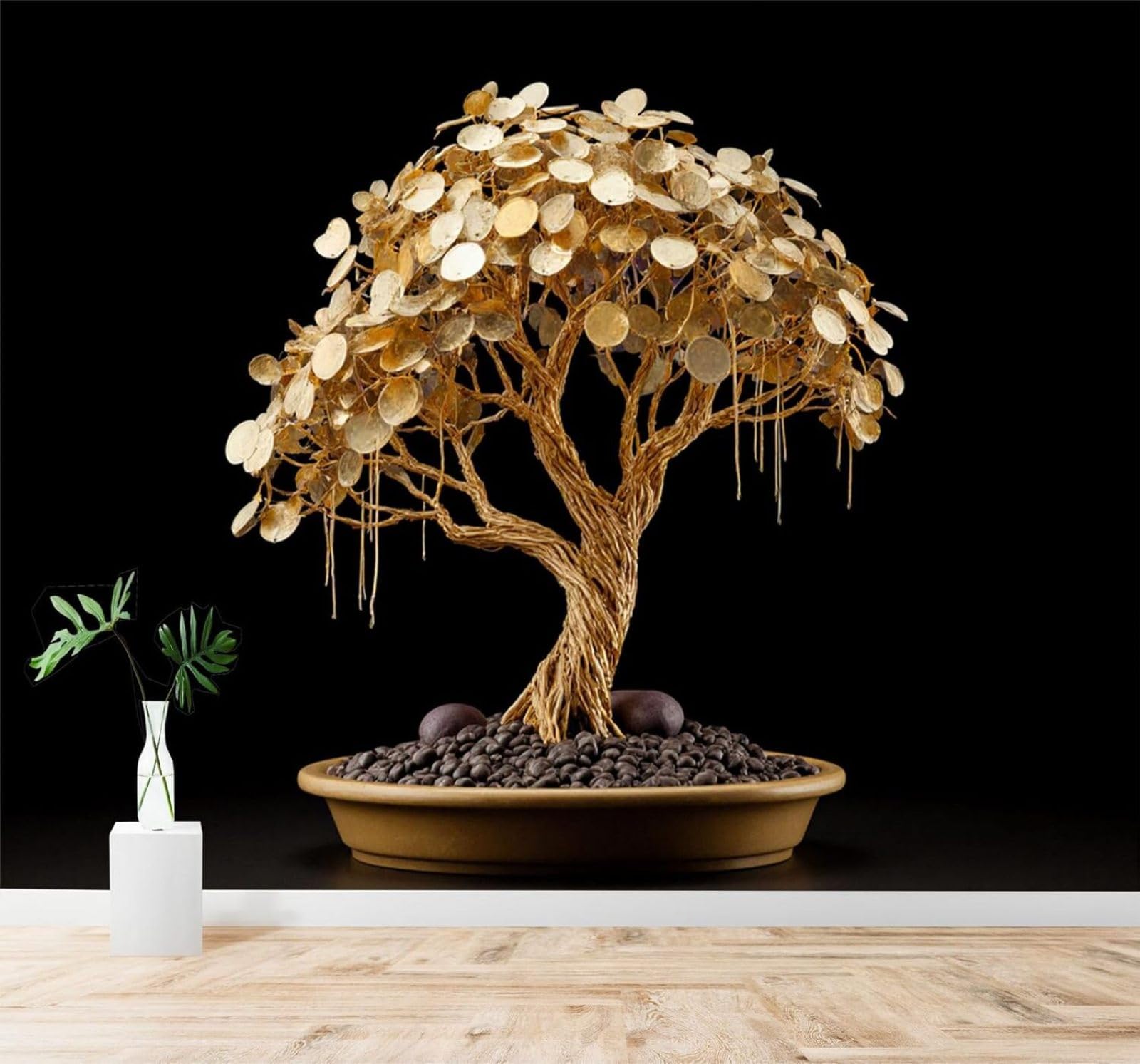 Tzxztt Minimalist Black Background Understated Luxury Golden Trees Pebbles Modern 3D Wallpaper Premium Textured Silk Neutral Tones Material Ideal for Living Room Bedroom-400cm×280cm