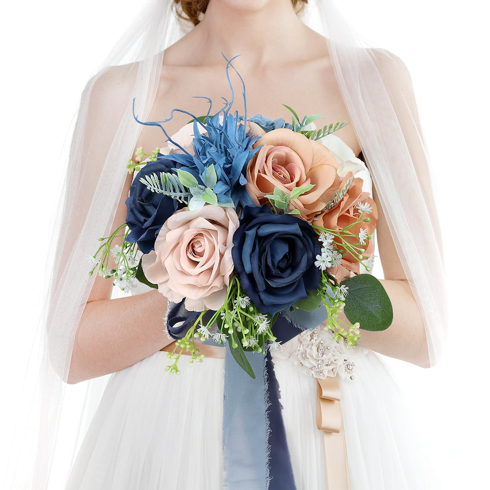 HOMENEGRY Dusty Blue & Pink Bridal Bouquet