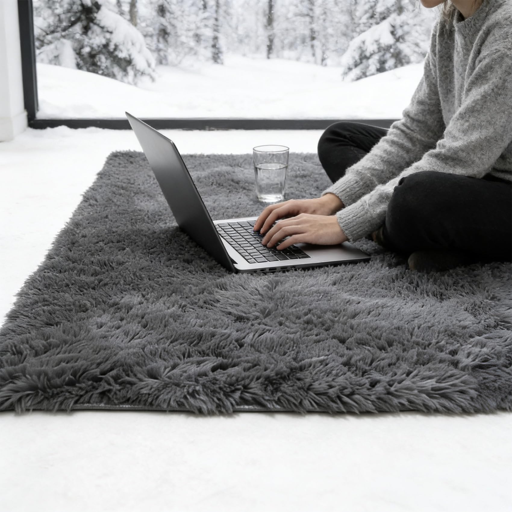Tapis de salon doux gris 170x145 cm lavable pour simplifier l'entretien de la maison
