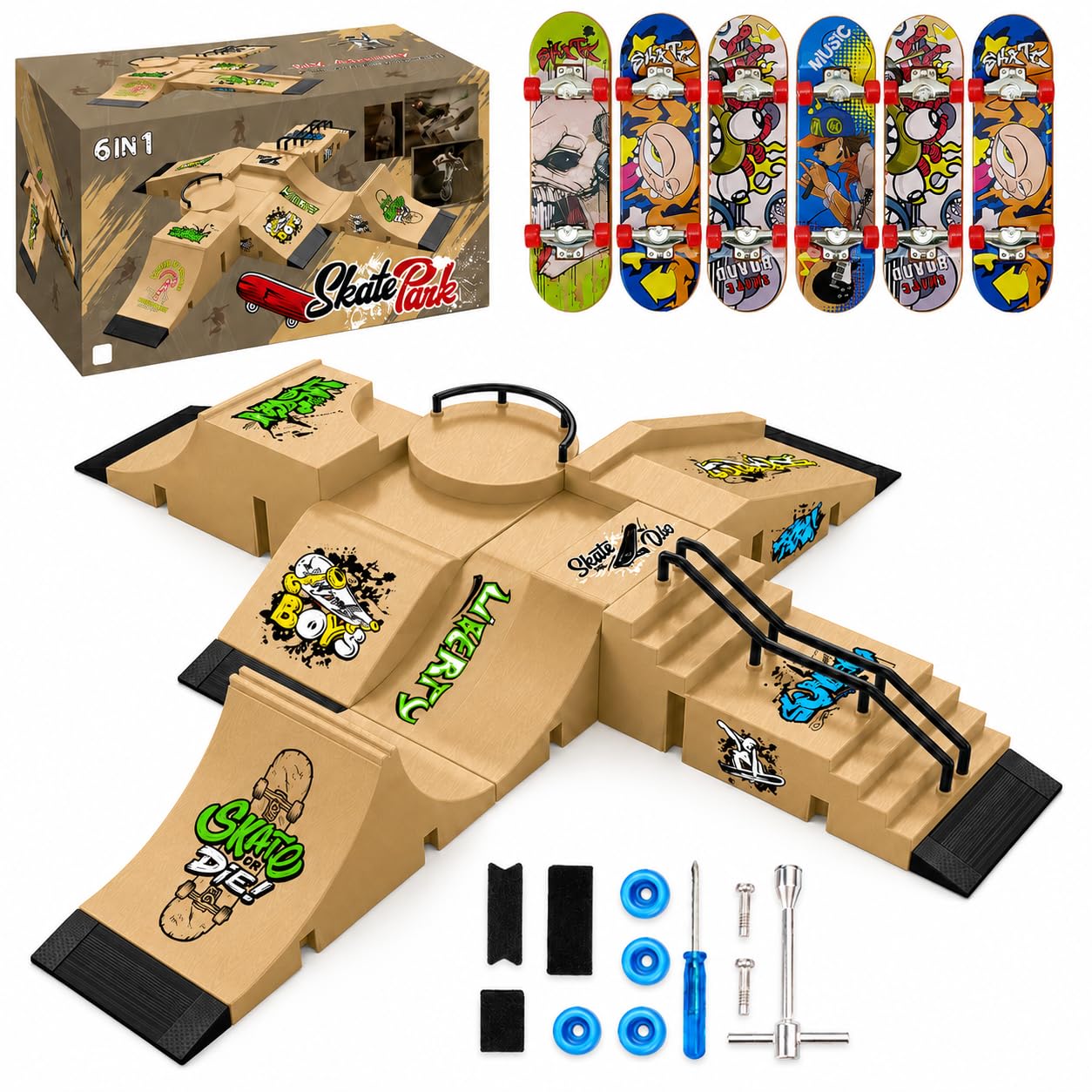 Aloxina 6-in-1 Fingerboard Skatepark Set with 6 Mini Skateboards, 6 Ramps & Display Stand – Fingerboard Toy for Kids and Adults, Birthday Gift（Khaki）
