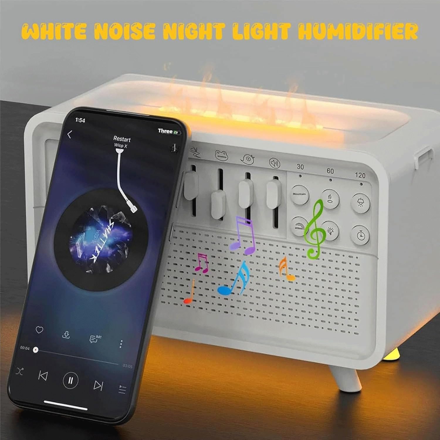 Biały szum nocny nawilżacz powietrza,głośnik Bluetooth Sound Machine do snu,olejowy aromaterapeutyczny dyfuzor płomienia nawilżacz powietrza,8 grup dźwięków natury i pojemność zbiornika na wodę 200 ml