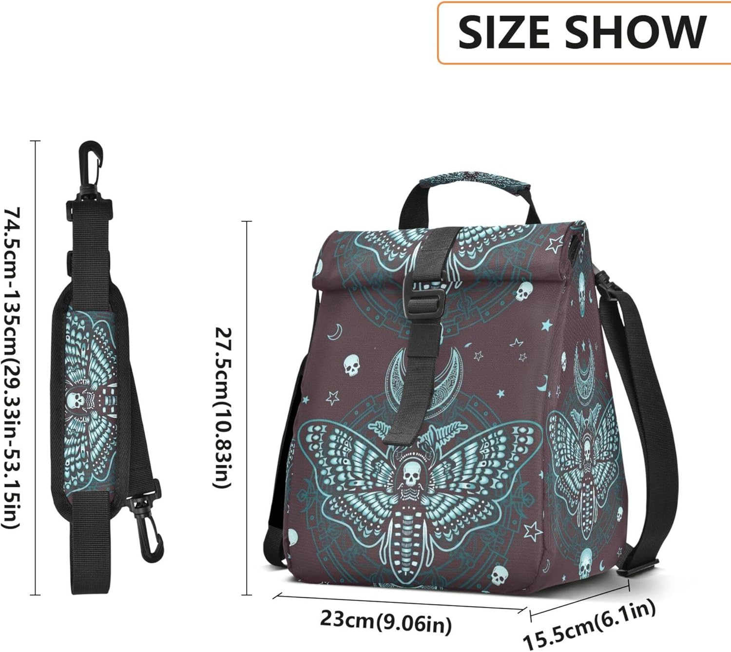 MNSRUU Insulated Lunch Bags Women Men, Butterfly Skull Mysticism Portable Reusable Thermal Meal Tote Cooler Bag Organizer, Adjustable Shoulder Strap, Handle
