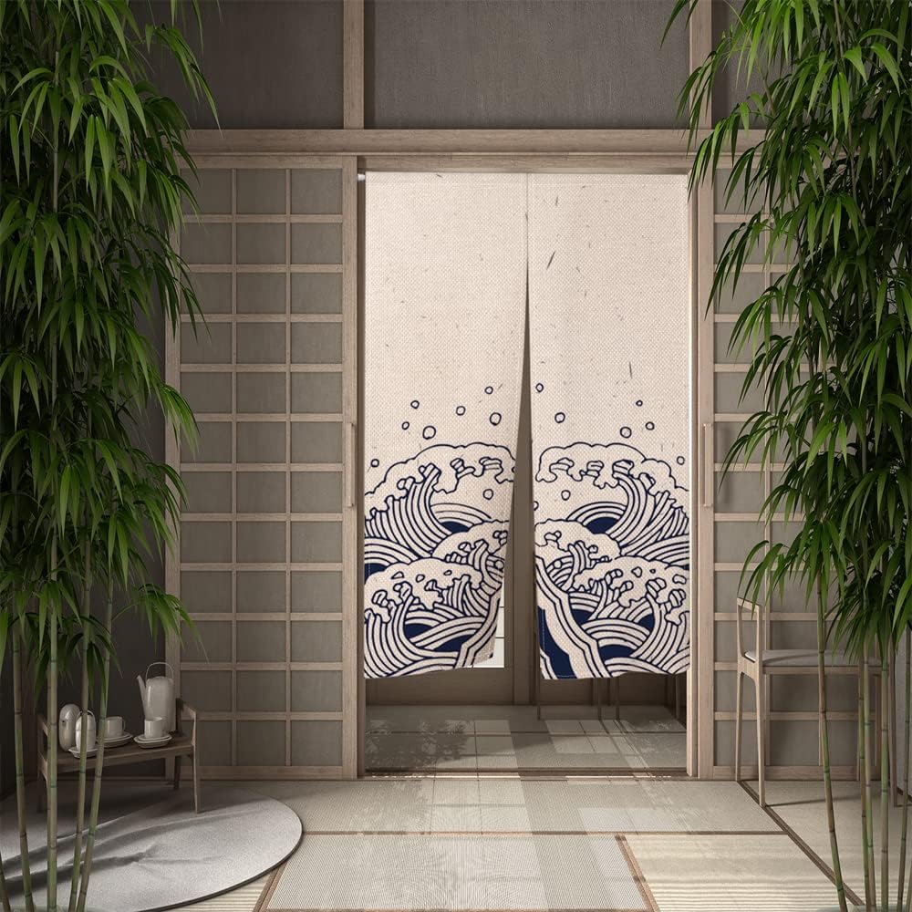 Leowefowa Japanese Style Doorway Curtain Noren Wave Printed Door Curtain Window Treatment Door Tapestry Panel Polyester for Privacy Partition Divider Kitchen Home Decoration 33.5" Width x 59" Long