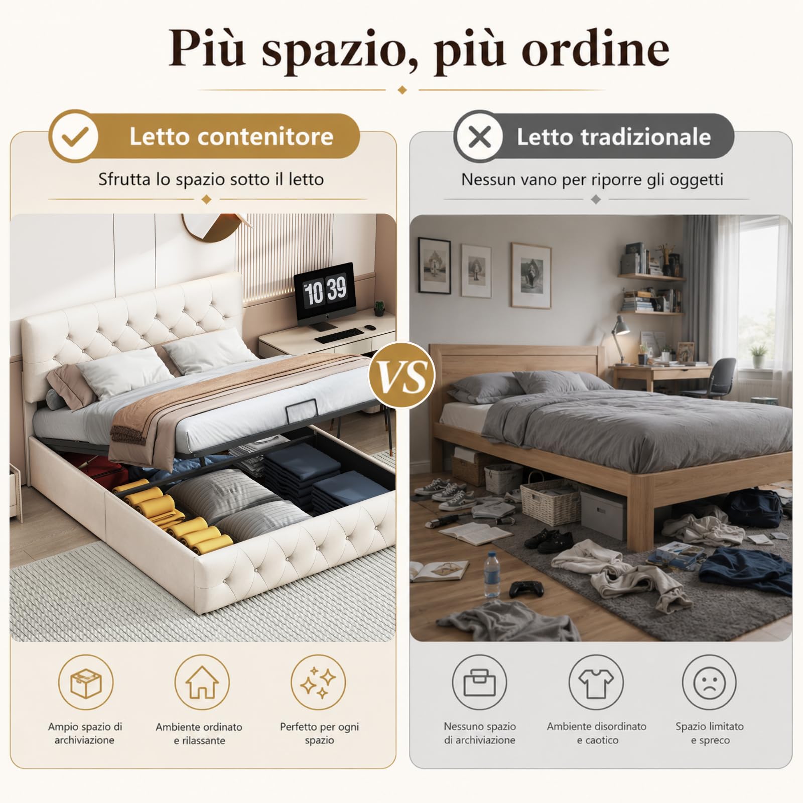 MOTUZP Letto Imbottito 160 x 200 cm Letto matrimoniale, Struttura letto con Testiera Imbottita e contenitore, Altezza Regolabile, Telaio con Rete a Doghe in Legno e Metallo, albicocca