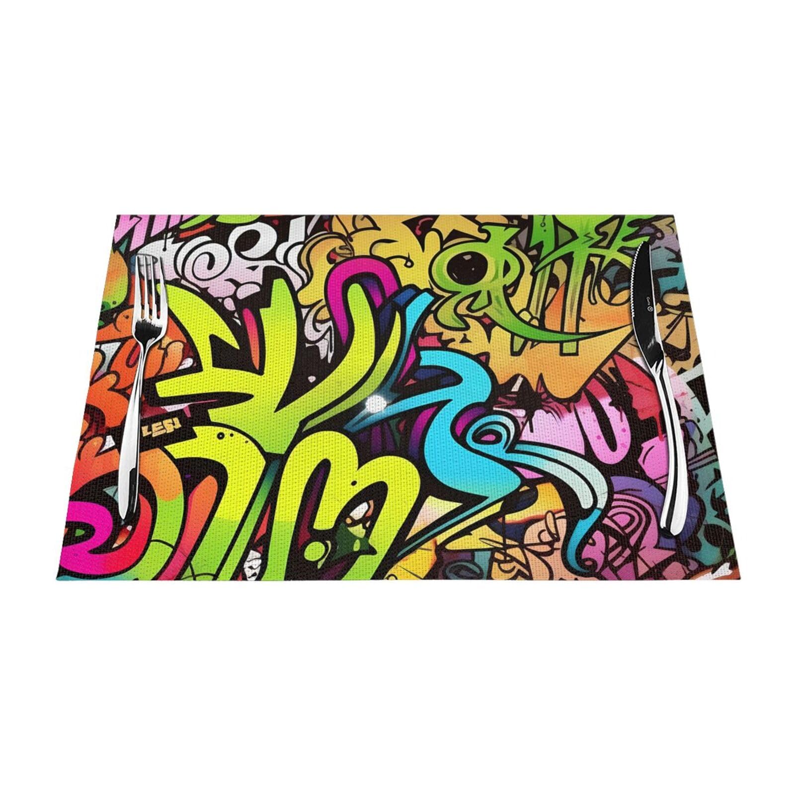 Graffiti Drawing Placemats Set of 1 - Woven Vinyl Kitchen Table Placemats - Heat Resistant Non-Slip Place Mats for Dining Table, Washable Indoor Outdoor Table Mats 12x18 Inch
