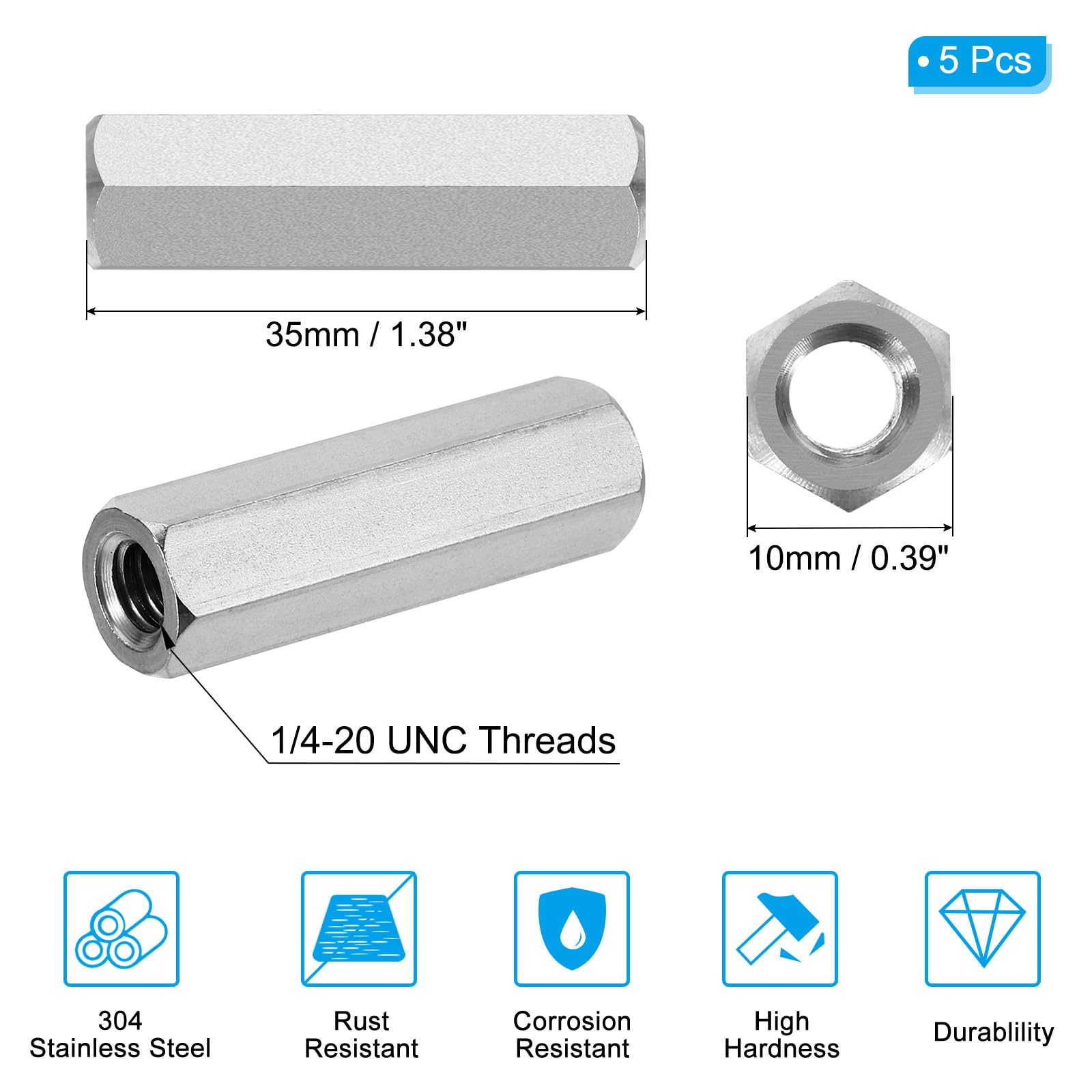 PATIKIL 1/4"-20 UNC 304 Stainless Steel Hex Coupling Nuts - Image 2