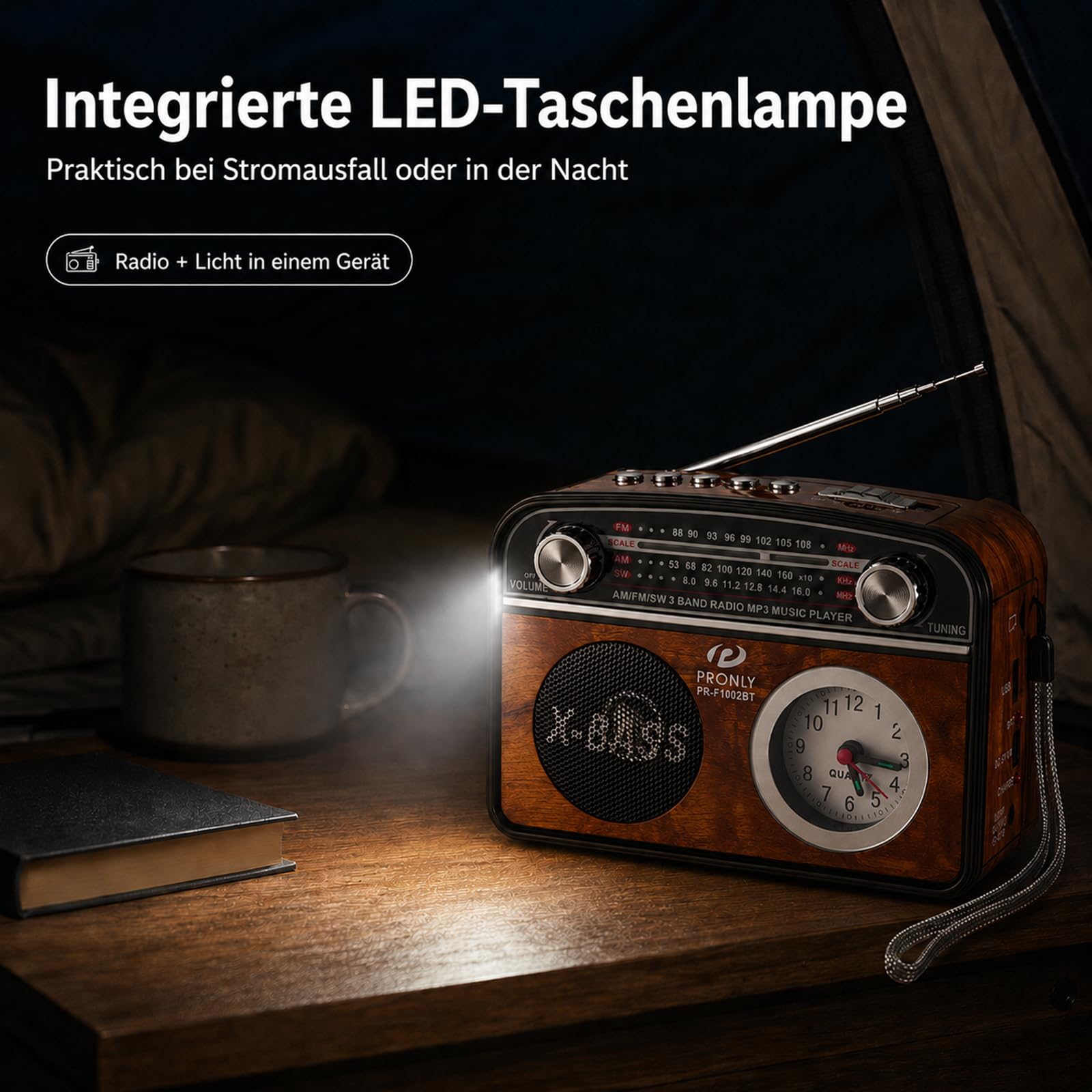 Portable AM/FM Radio mit Bluetooth im Vintage-Stil, Radio Batteriebetrieben mit Uhr & Taschenlampe, USB/TF-Wiedergabe, für Camping, Alltag & Notfälle, Holzoptik (PR-1002BT)